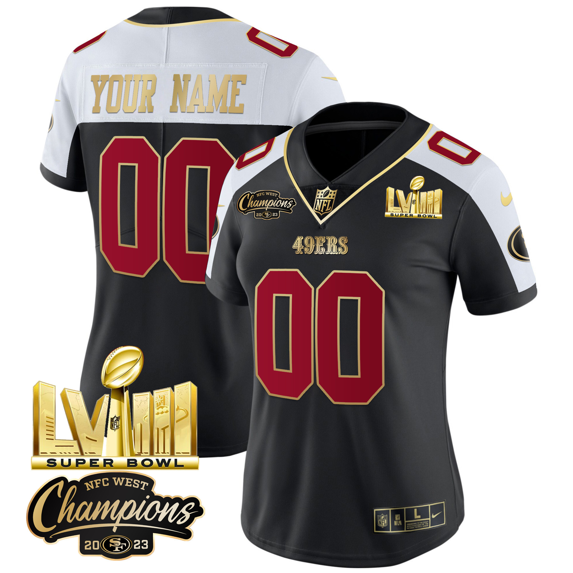 Women's San Francisco 49ers NFC West Champions & Super Bowl LVIII Gold Patch Vapor Custom Black Alternate Jersey V2 - All Stitched