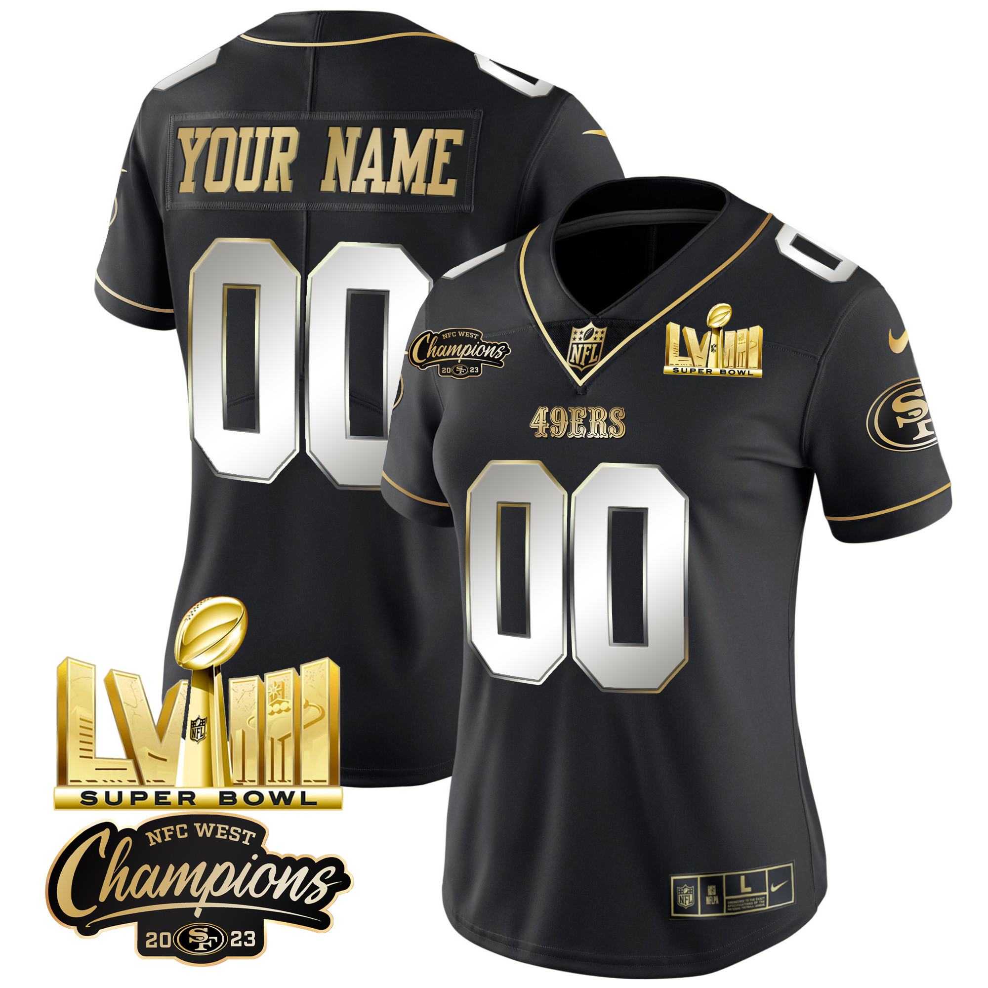 Women's San Francisco 49ers NFC West Champions & Super Bowl LVIII Gold Patch Vapor Custom Black Limited Jersey V2 - All Stitched