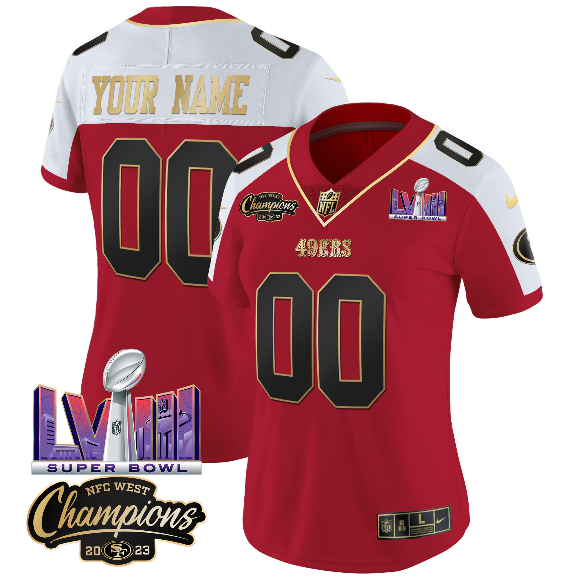 Women's San Francisco 49ers NFC West Champions & Super Bowl LVIII Patch Vapor Custom Alternate Jersey V2 - All Stitched