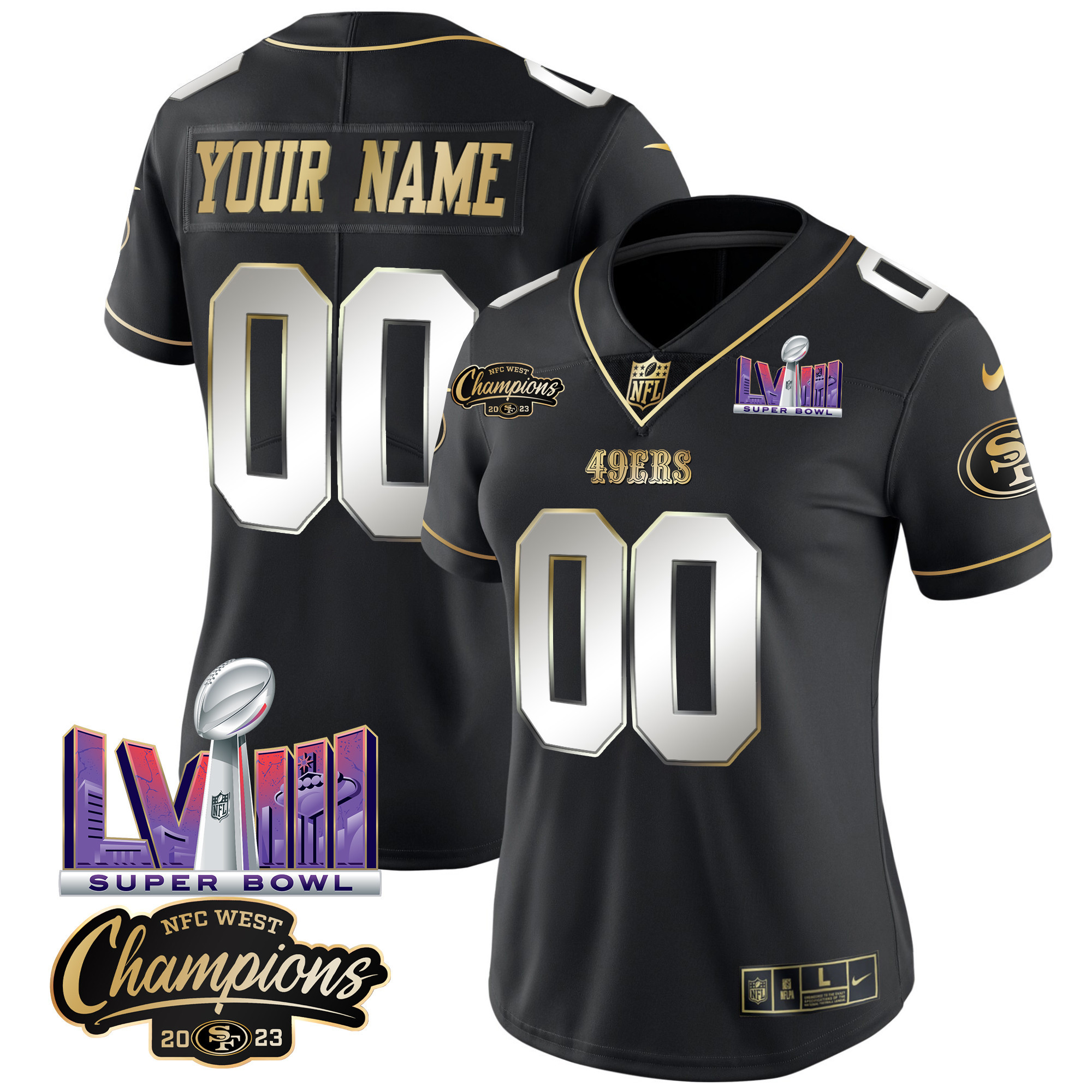 Women's San Francisco 49ers NFC West Champions & Super Bowl LVIII Patch Vapor Custom Black Limited Jersey V2 - All Stitched