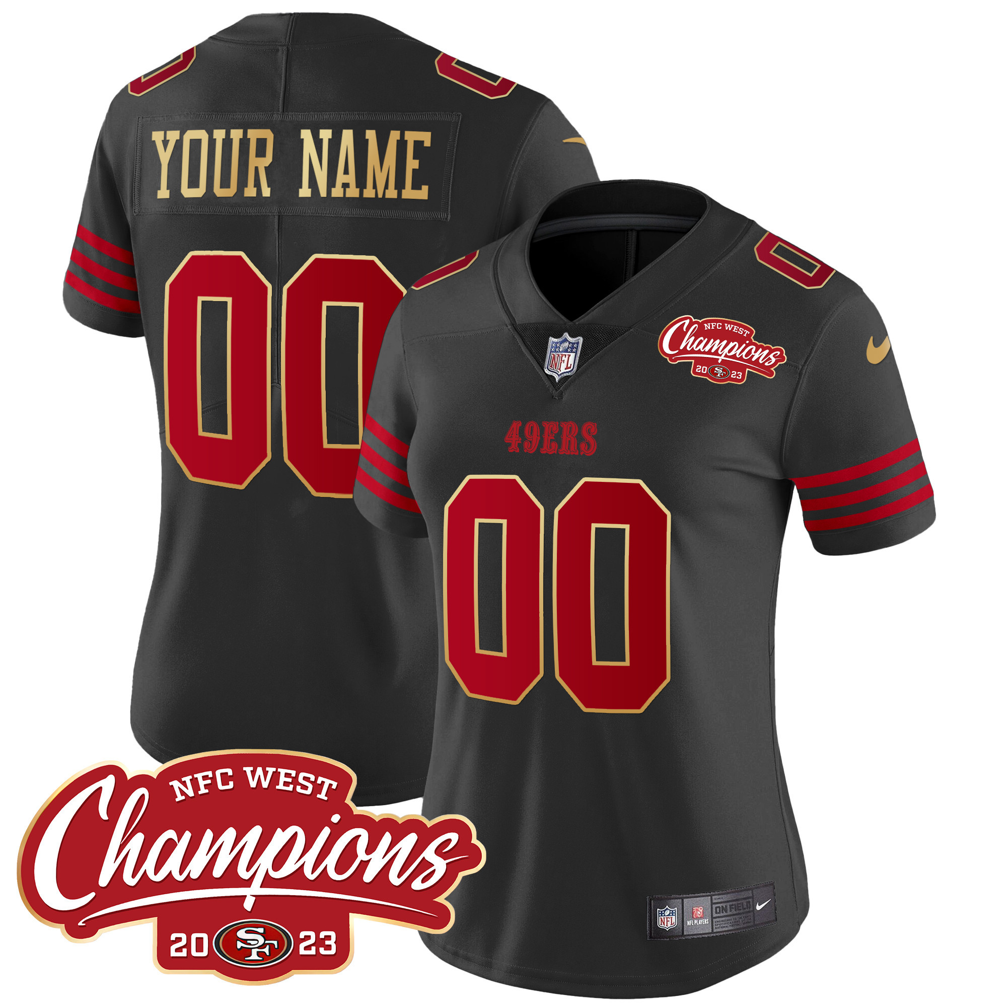 Women's San Francisco 49ers NFC West Champions Gold Trim Vapor Custom Black Jersey - All Stitched