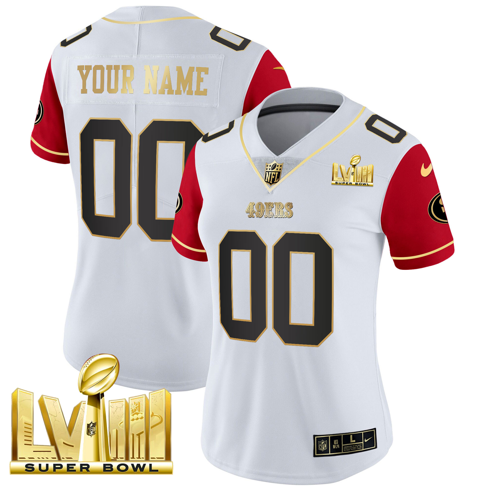 Women's San Francisco 49ers Super Bowl LVIII Gold Patch Vapor Custom Color Sleeves Jersey V2 - All Stitched