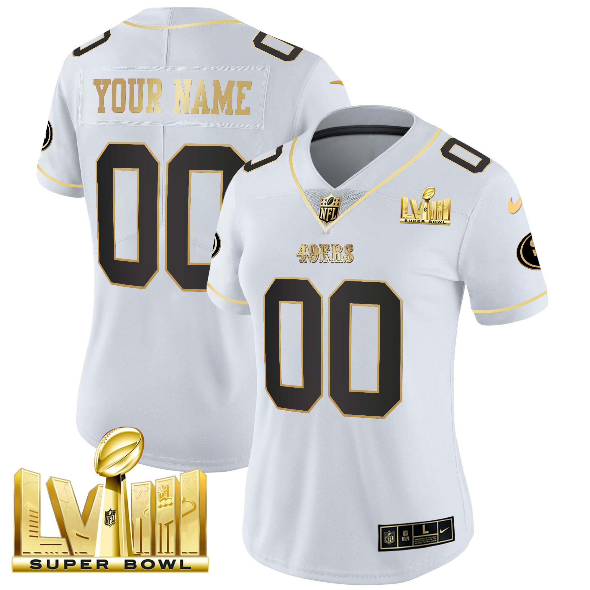 Women's San Francisco 49ers Super Bowl LVIII Gold Patch Vapor Custom White Gold Jersey V2 - All Stitched