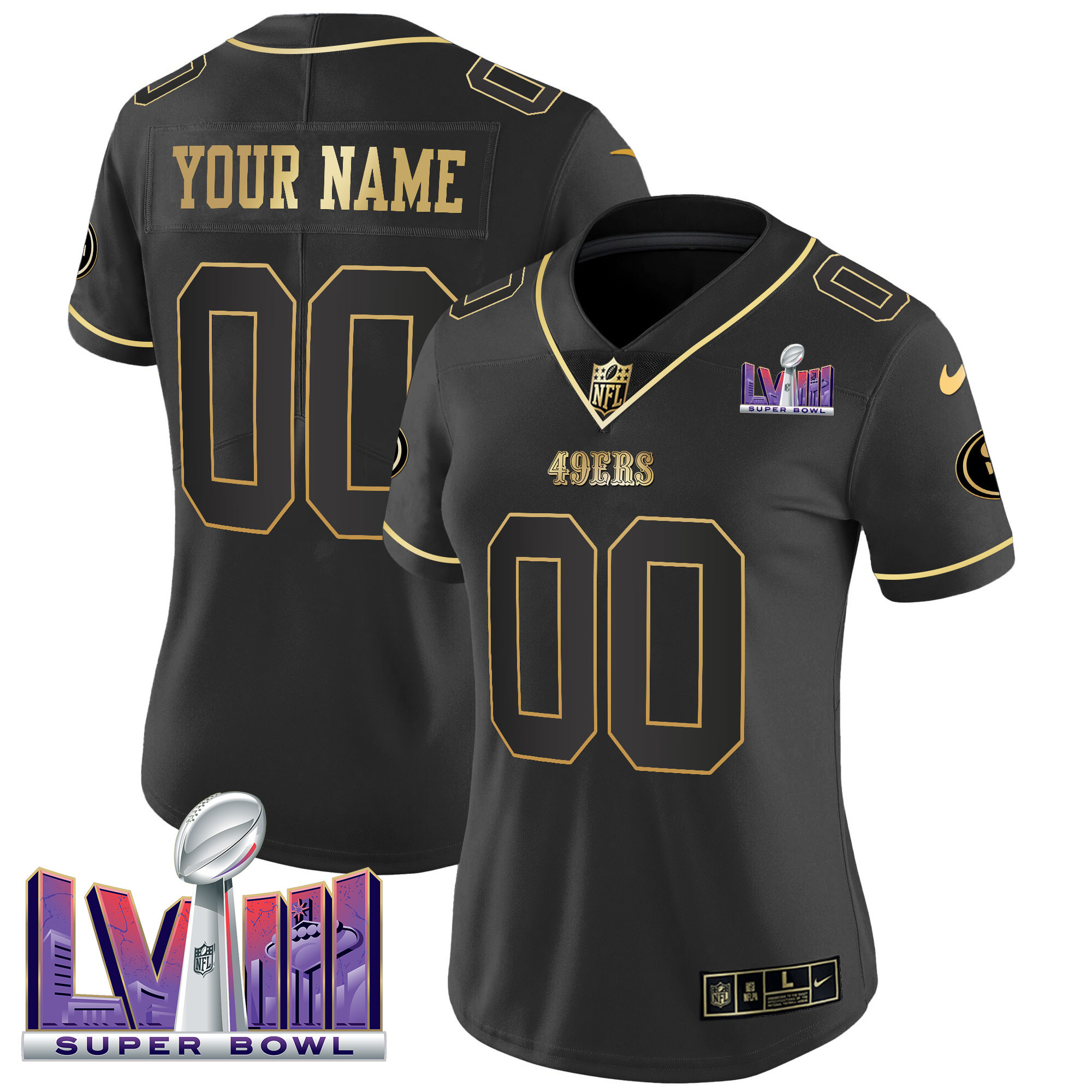 Women's San Francisco 49ers Super Bowl LVIII Patch Vapor Custom Black Gold Jersey V2 - All Stitched