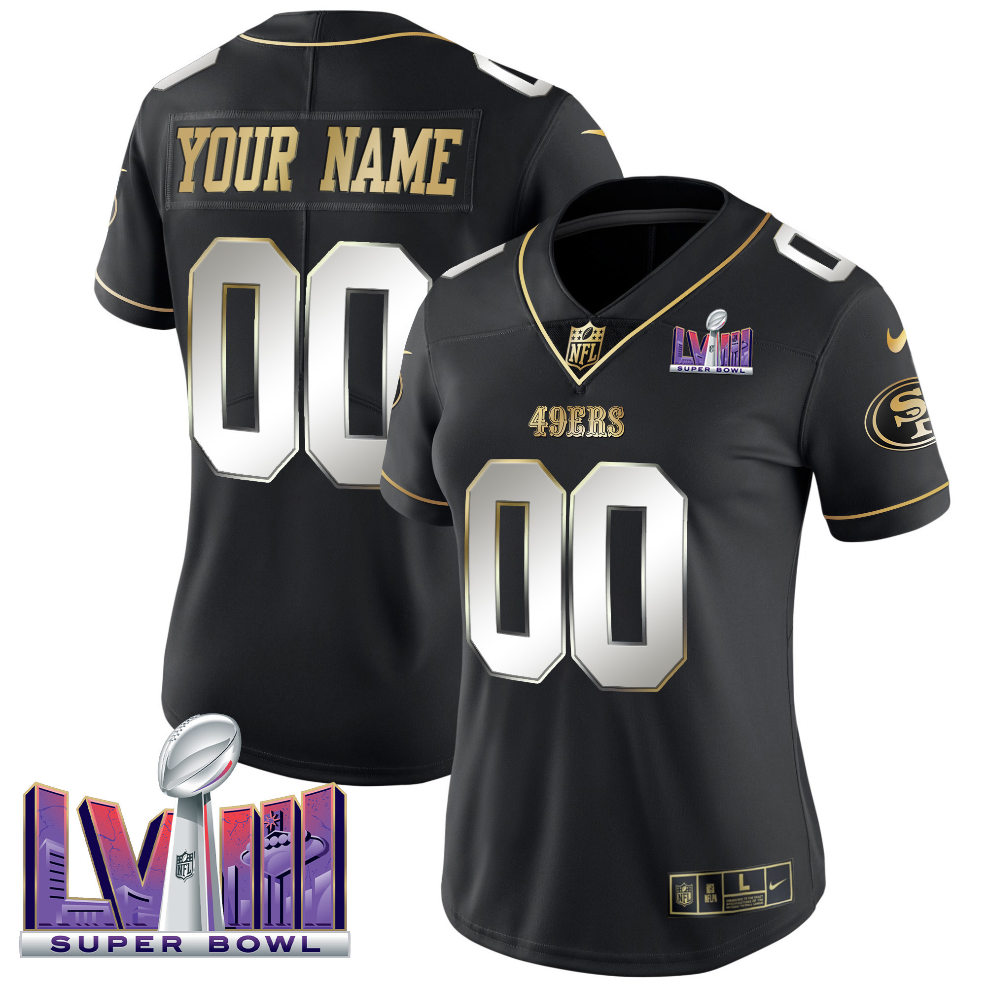 Women's San Francisco 49ers Super Bowl LVIII Patch Vapor Custom Black Limited Jersey - All Stitched
