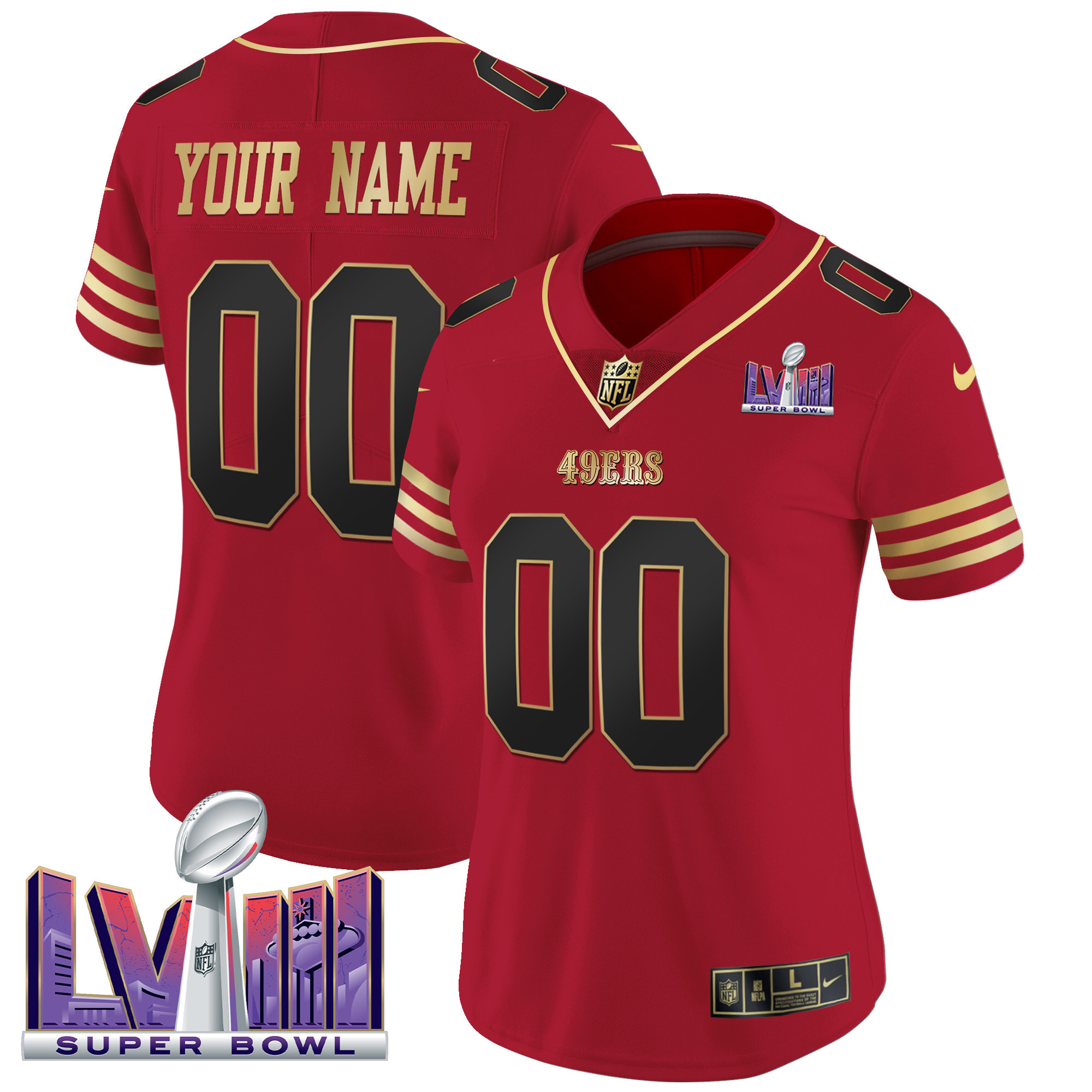 Women's San Francisco 49ers Super Bowl LVIII Patch Vapor Custom Black Scarlet Jersey - All Stitched
