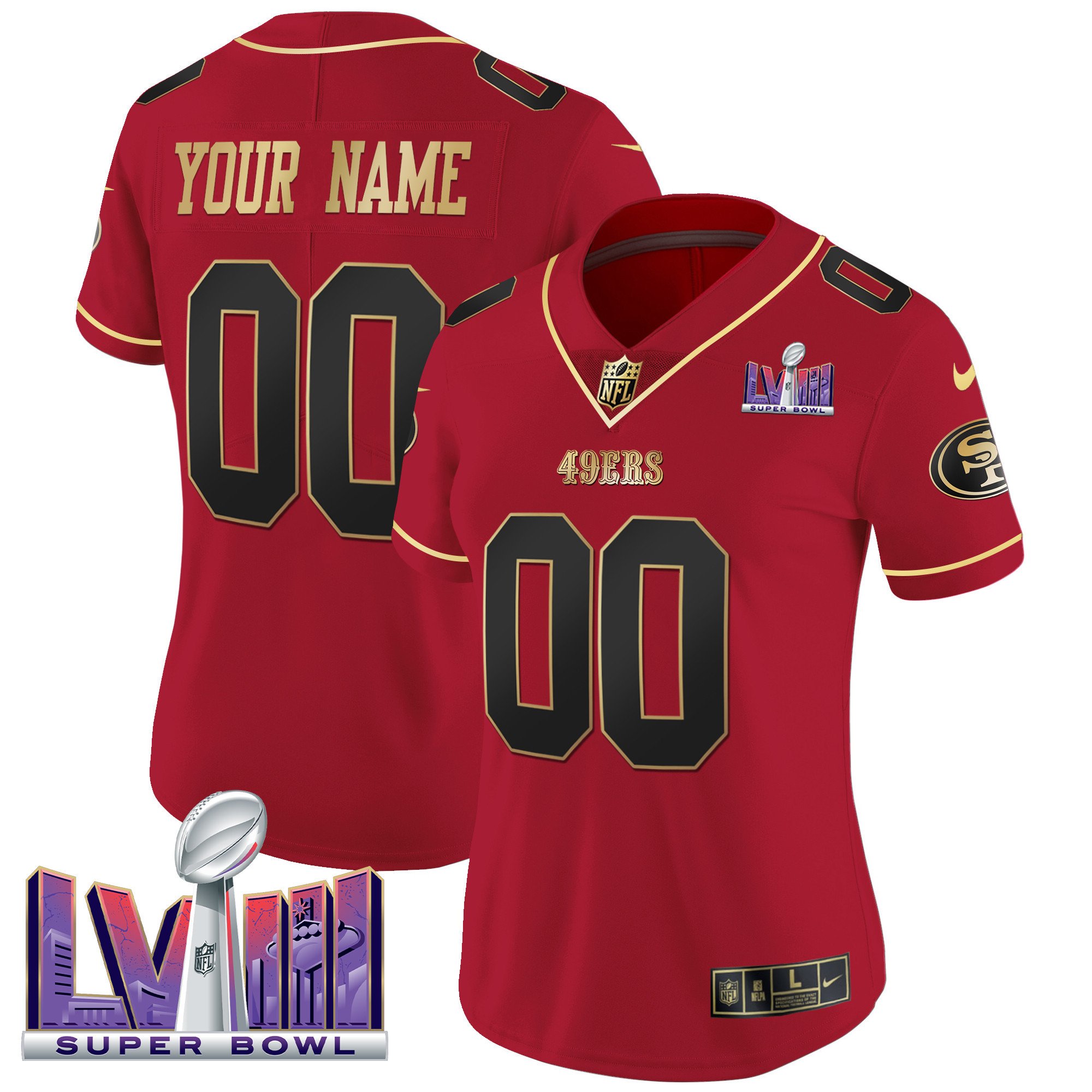 Women's San Francisco 49ers Super Bowl LVIII Patch Vapor Custom Scarlet Limited Jersey - All Stitched