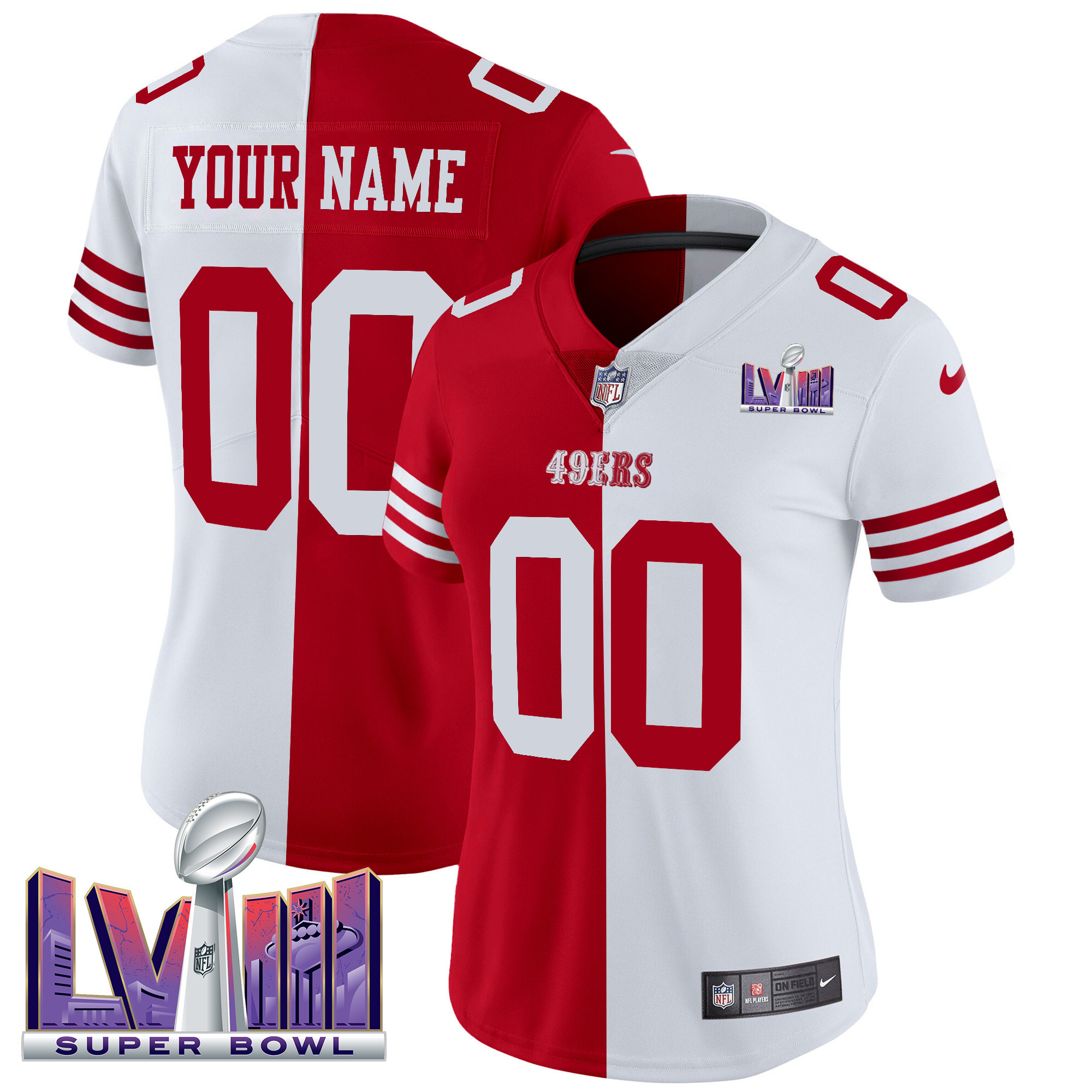 Women's San Francisco 49ers Super Bowl LVIII Patch Vapor Custom Split Jersey V2 - All Stitched