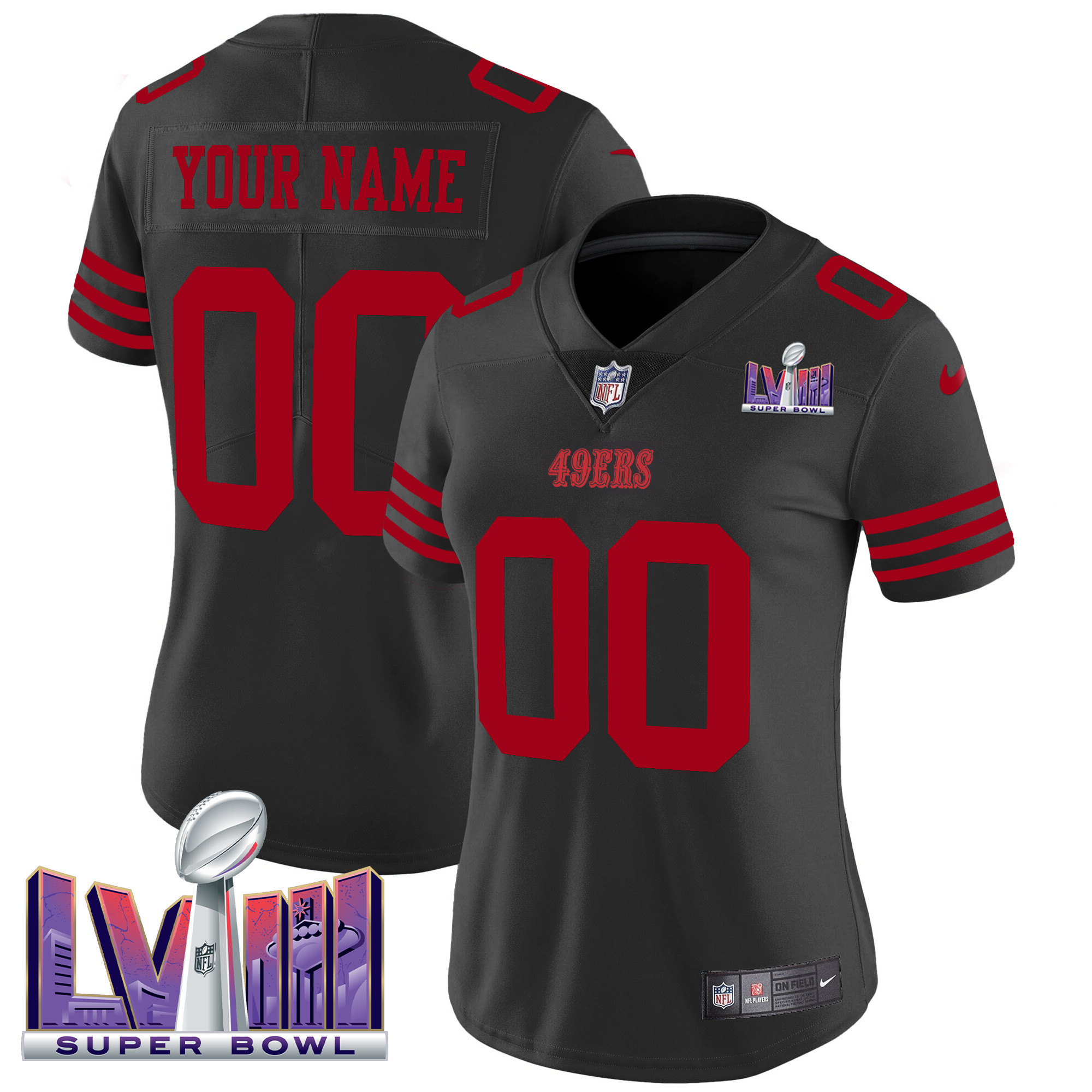 Women's San Francisco 49ers Super Bowl LVIII Patch Vapor Limited Custom Black Jersey - All Stitched