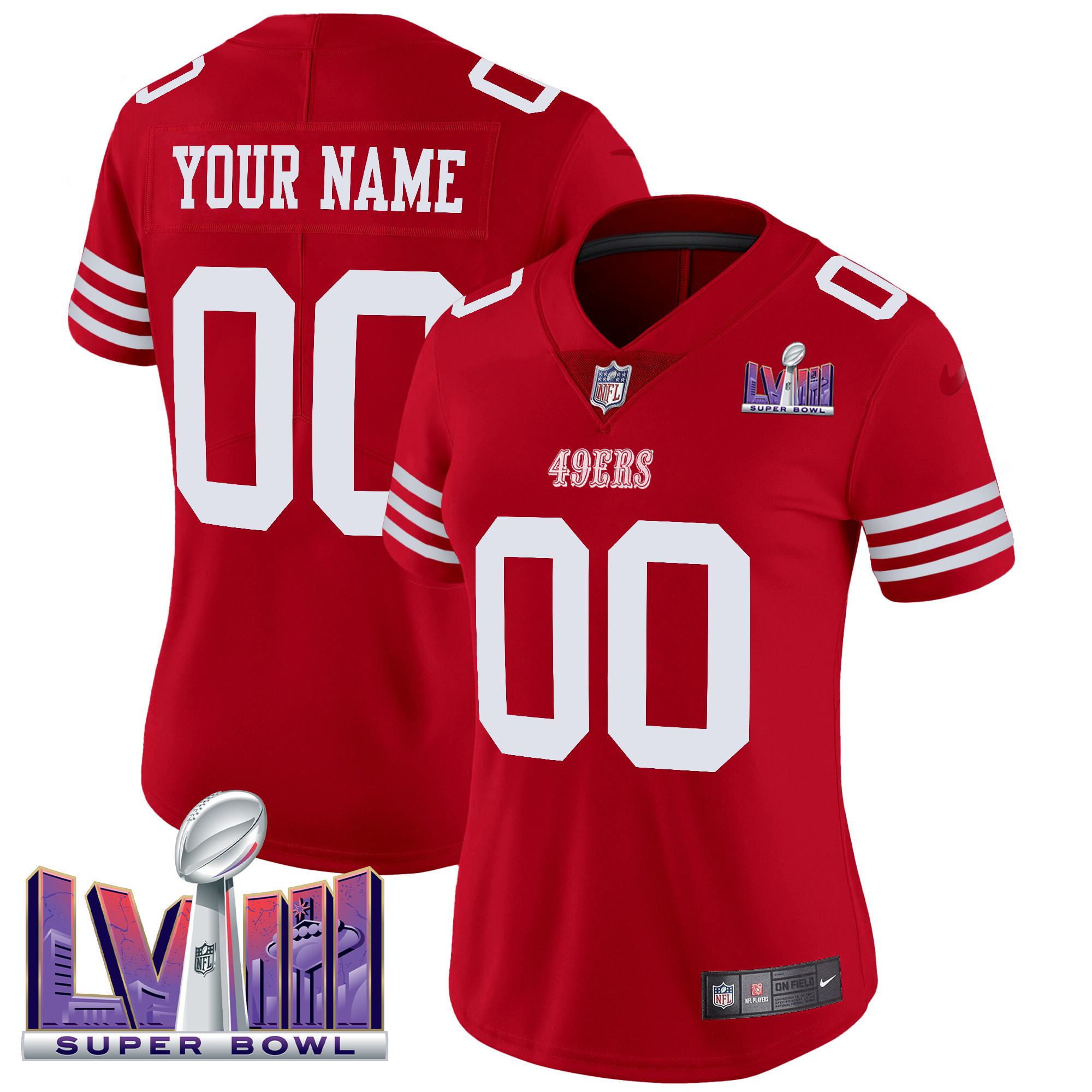 Women's San Francisco 49ers Super Bowl LVIII Patch Vapor Limited Custom Red Jersey - All Stitched