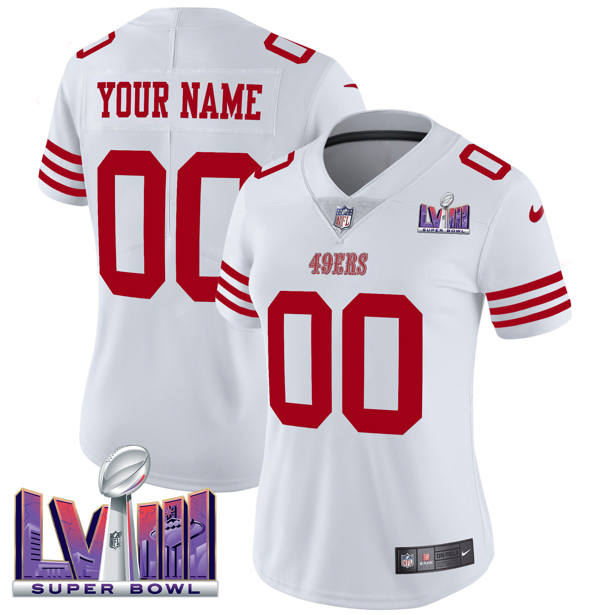 Women's San Francisco 49ers Super Bowl LVIII Patch Vapor Limited Custom White Jersey - All Stitched
