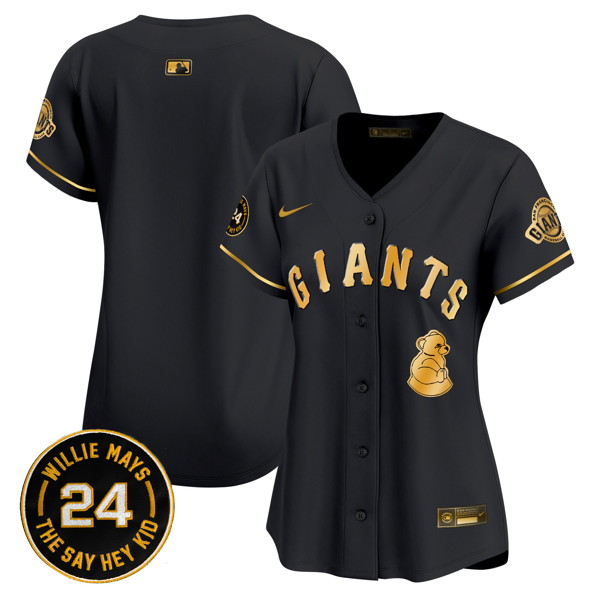 Women's San Francisco Giants 2024 Willie Mays Patch Vapor Premier Limited Black Gold Jersey V4 - All Stitched