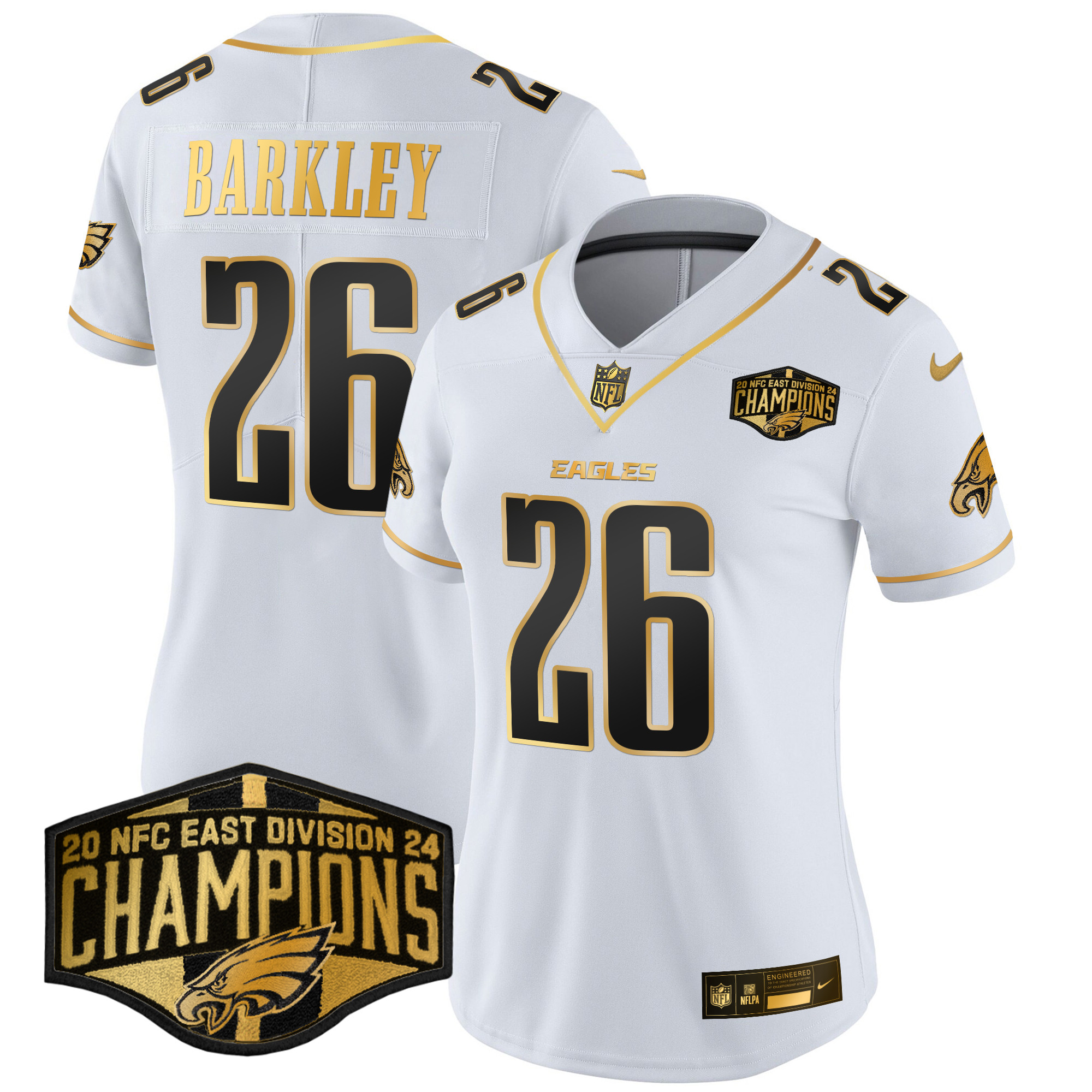Women's Saquon Barkley Philadelphia Eagles 2024 NFC East Division Champions Gold Vapor Limited White Gold Jersey - All Stitched