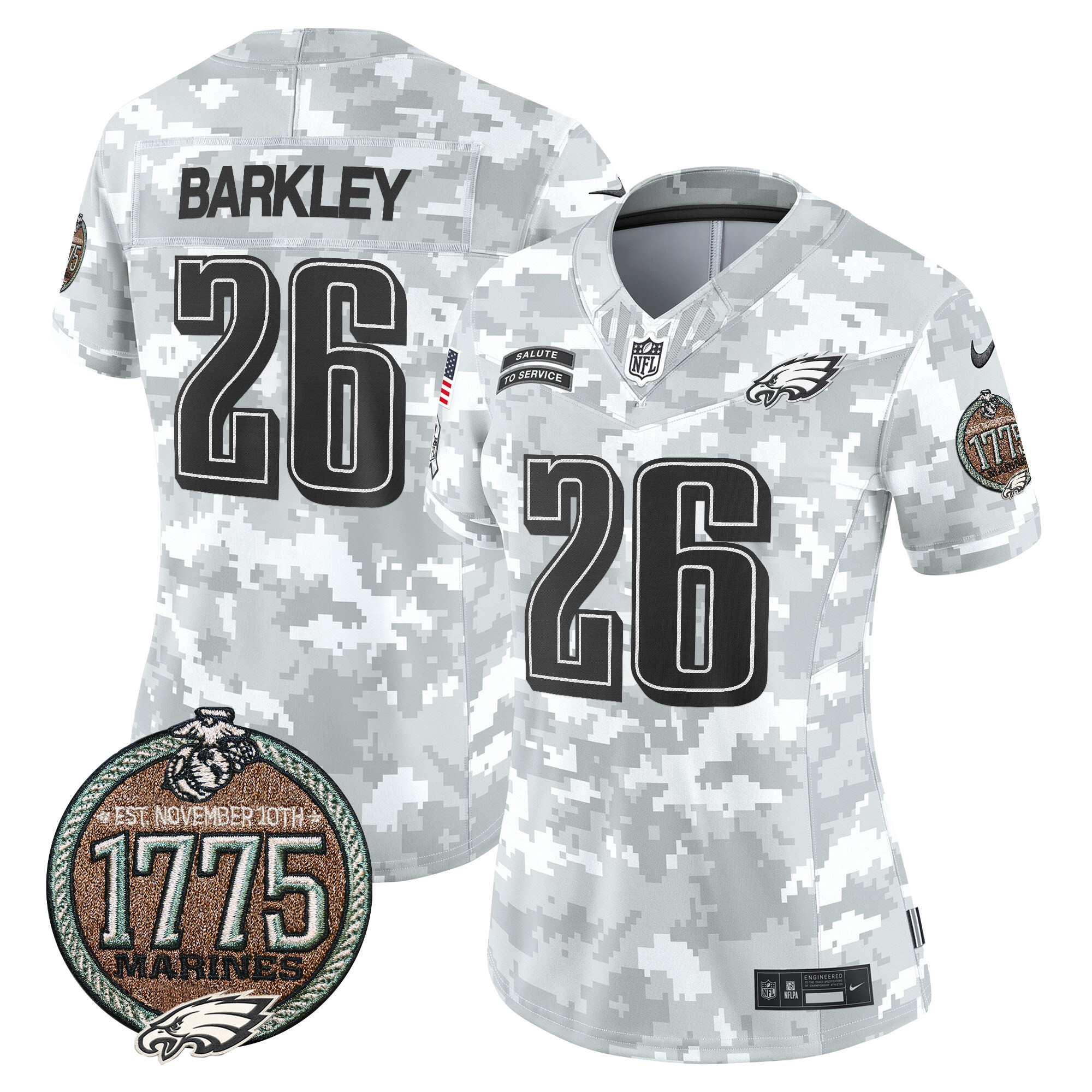 Women's Saquon Barkley Philadelphia Eagles 2024 Salute to Service Establishment Year Patch Vapor Limited Marines Jersey - All Stitched