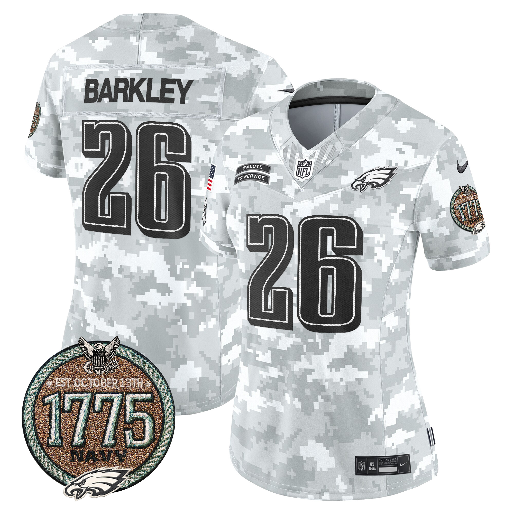 Women's Saquon Barkley Philadelphia Eagles 2024 Salute to Service Establishment Year Patch Vapor Limited Navy Jersey - All Stitched