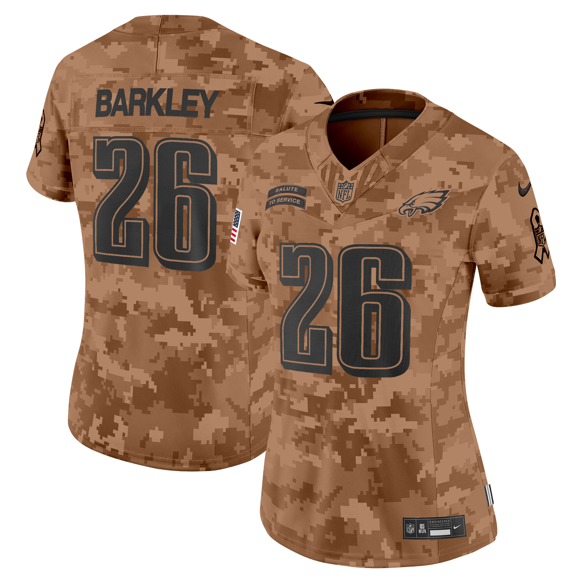 Women's Saquon Barkley Philadelphia Eagles 2024 Salute to Service Vapor Limited Brown Camo Jersey - All Stitched