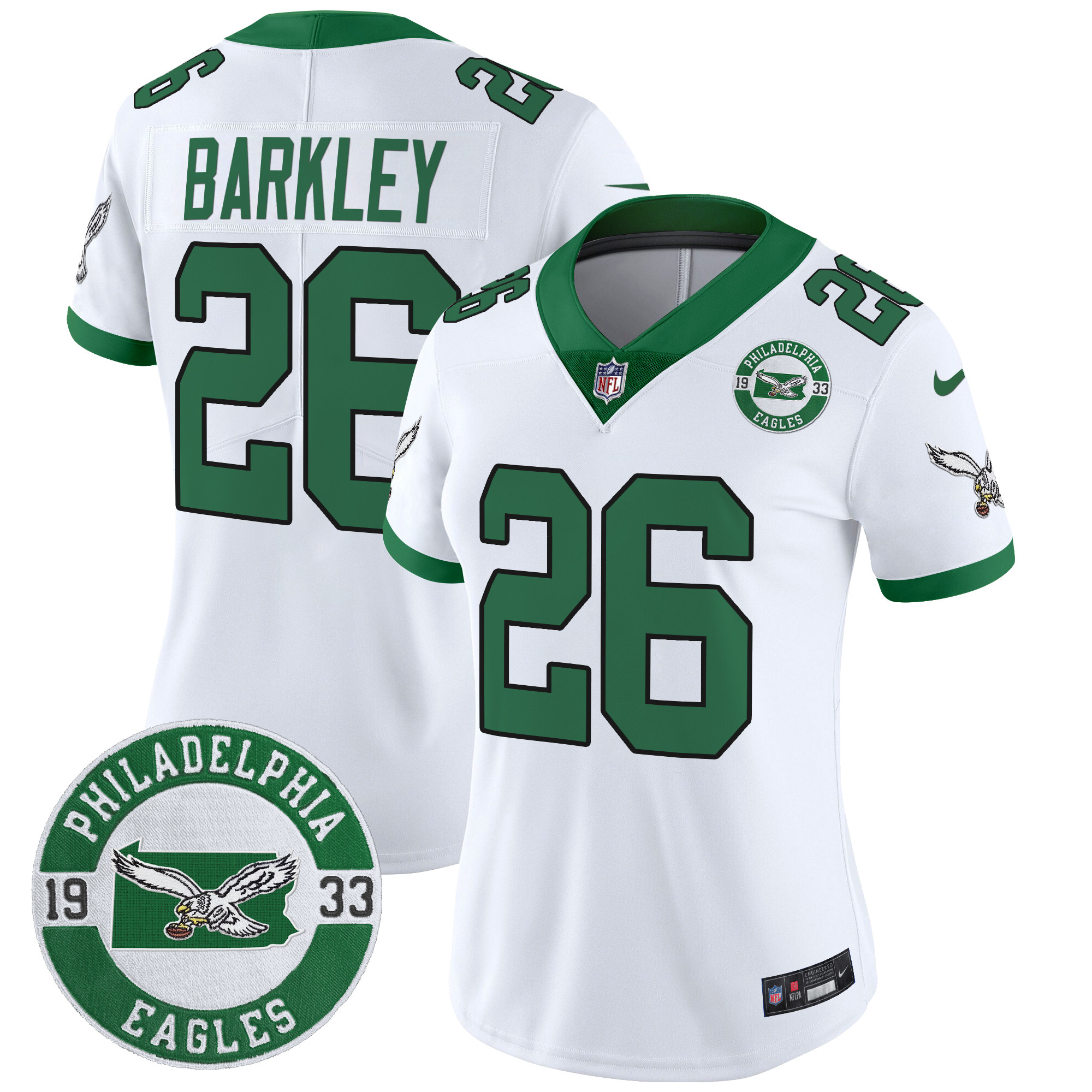 Women's Saquon Barkley Philadelphia Eagles 2024 Throwback Vapor Limited Kelly White Jersey - All Stitched