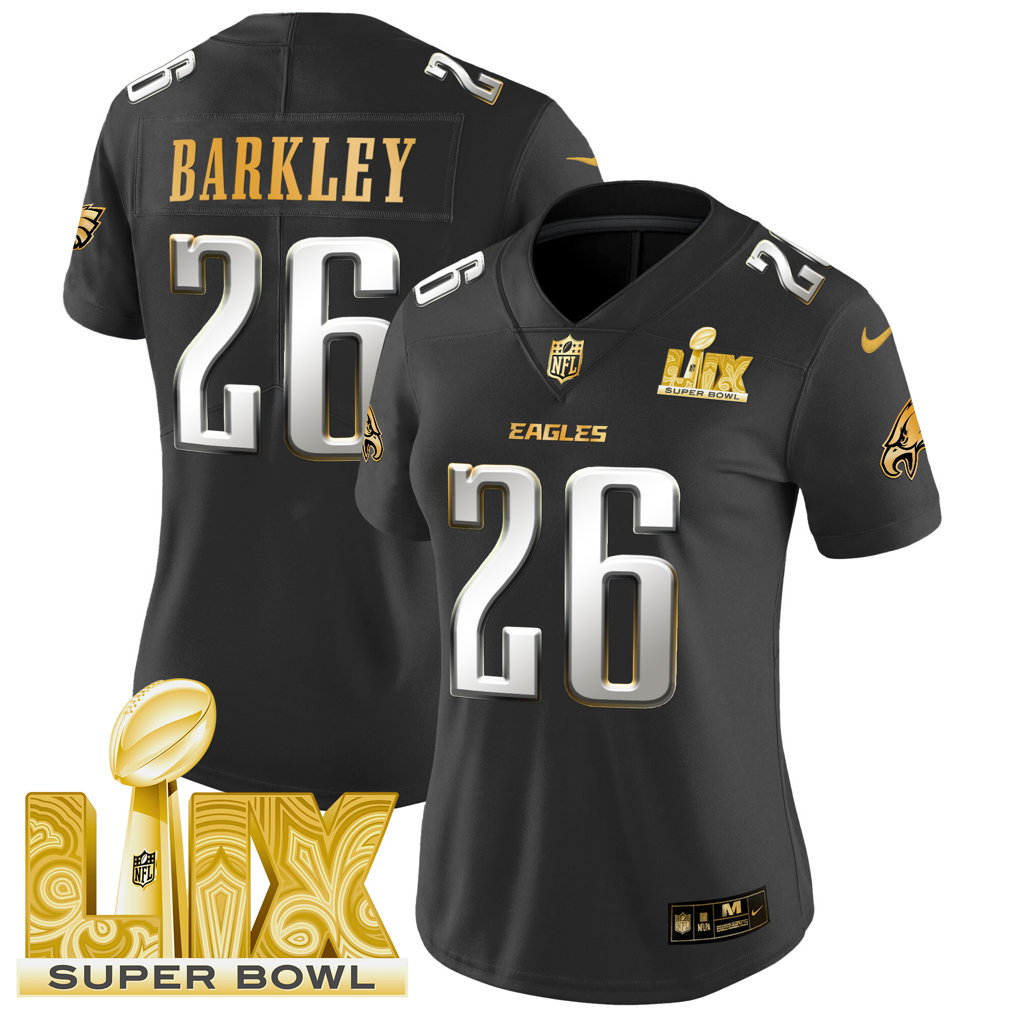 Women's Saquon Barkley Philadelphia Eagles Super Bowl LIX Patch Gold Vapor Limited Black Limited Jersey - All Stitched