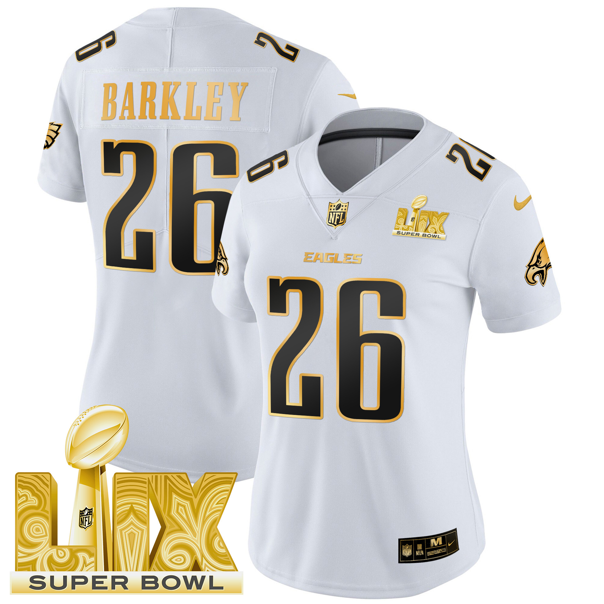 Women's Saquon Barkley Philadelphia Eagles Super Bowl LIX Patch Gold Vapor Limited White Gold Jersey - All Stitched