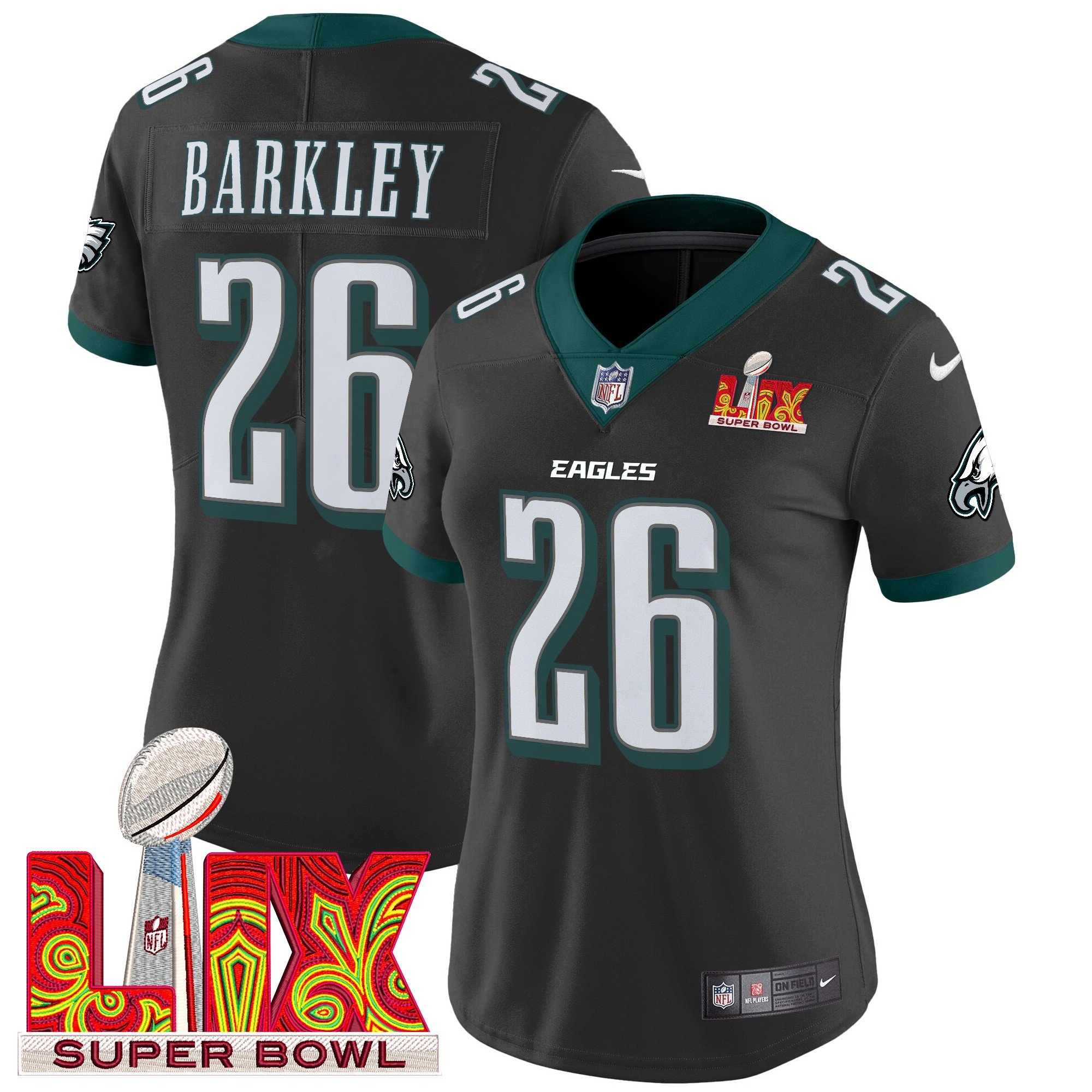 Women's Saquon Barkley Philadelphia Eagles Super Bowl LIX Patch Vapor Limited Black Jersey - All Stitched