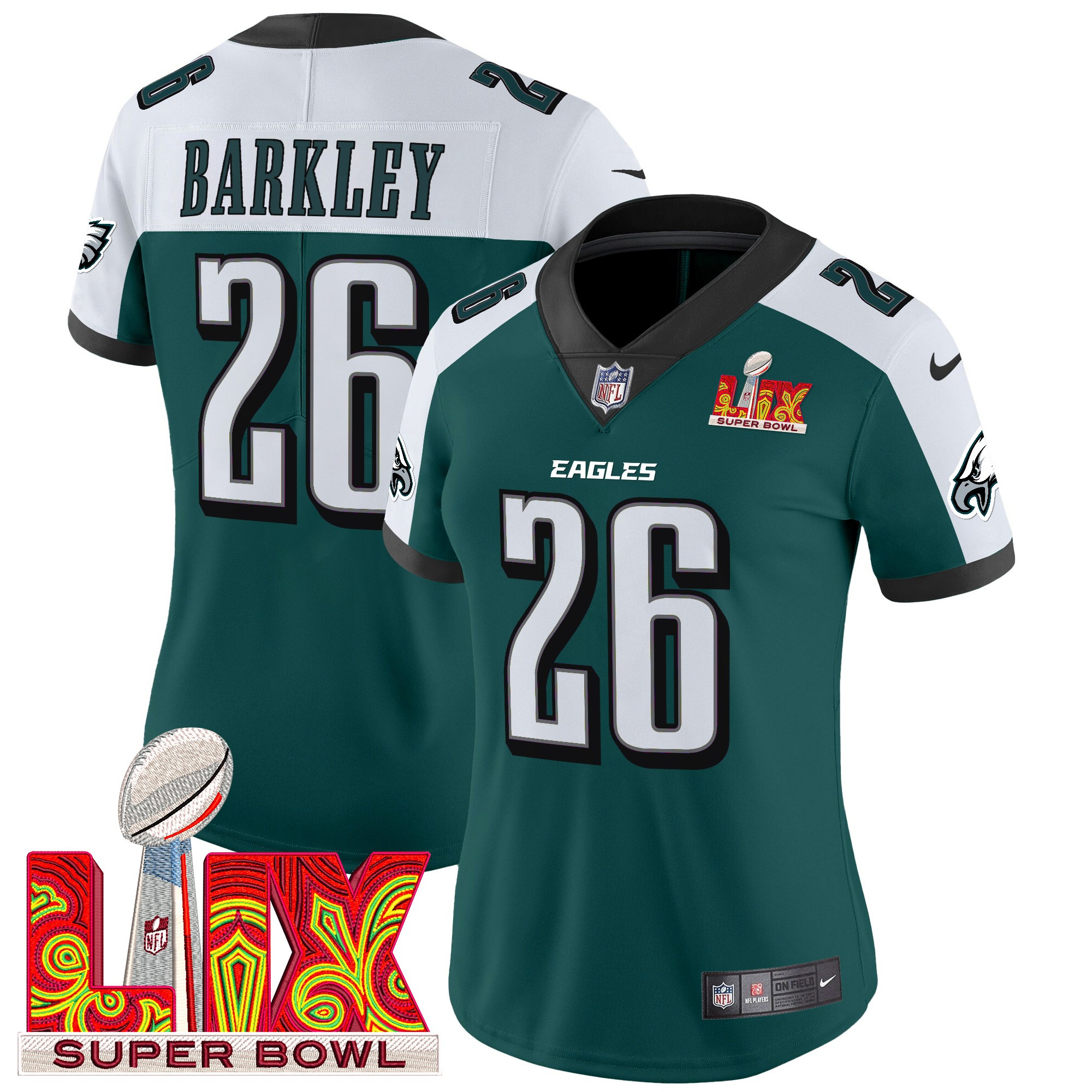 Women's Saquon Barkley Philadelphia Eagles Super Bowl LIX Patch Vapor Limited Green Alternate Jersey - All Stitched