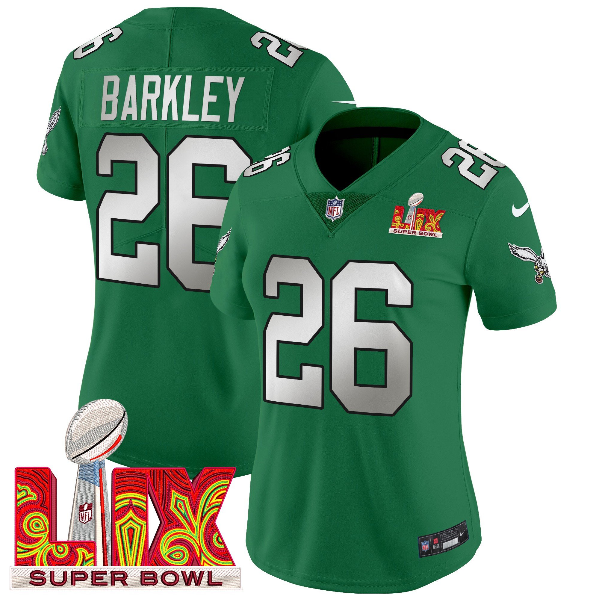 Women's Saquon Barkley Philadelphia Eagles Super Bowl LIX Patch Vapor Limited Kelly Green Jersey - All Stitched