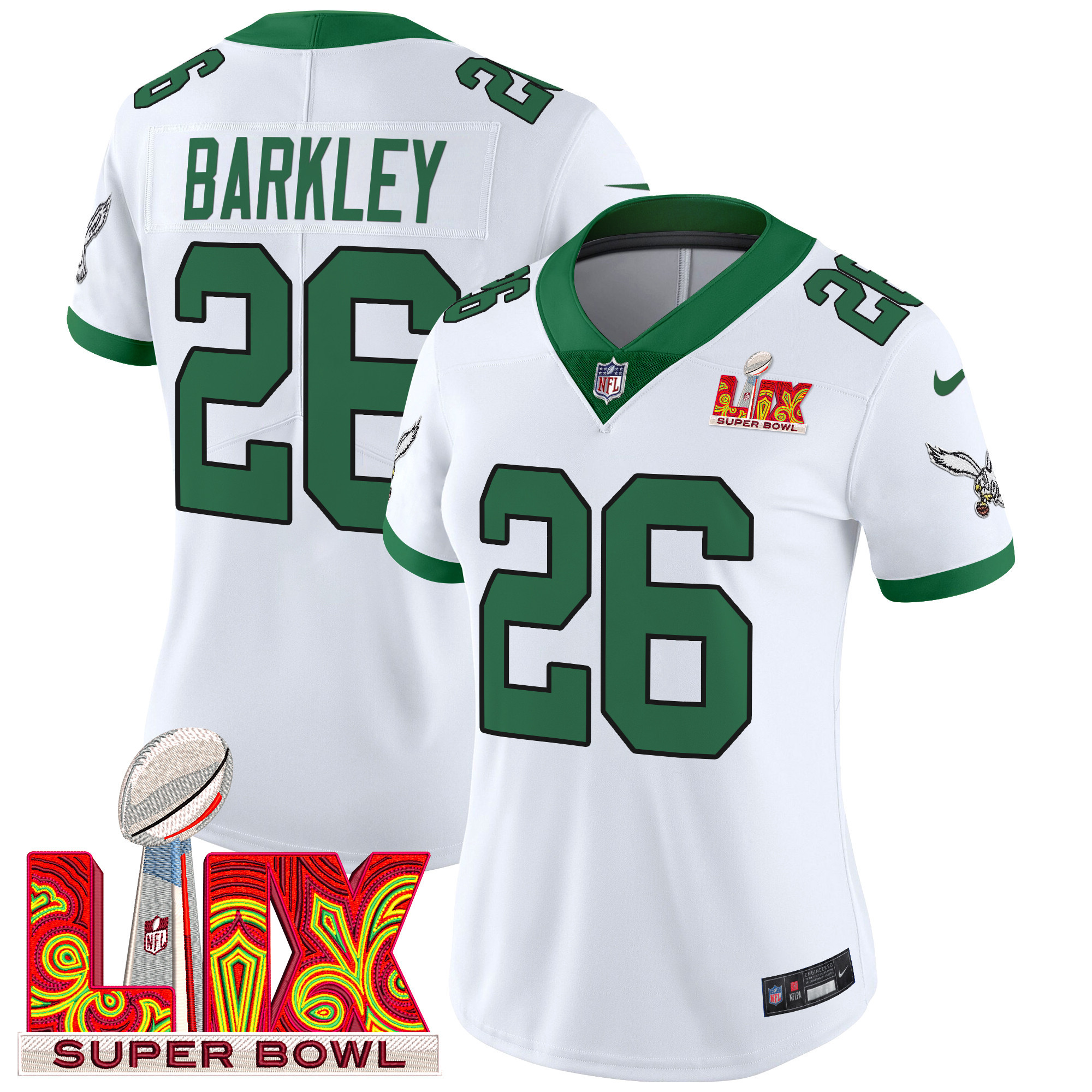 Women's Saquon Barkley Philadelphia Eagles Super Bowl LIX Patch Vapor Limited Kelly White Jersey - All Stitched
