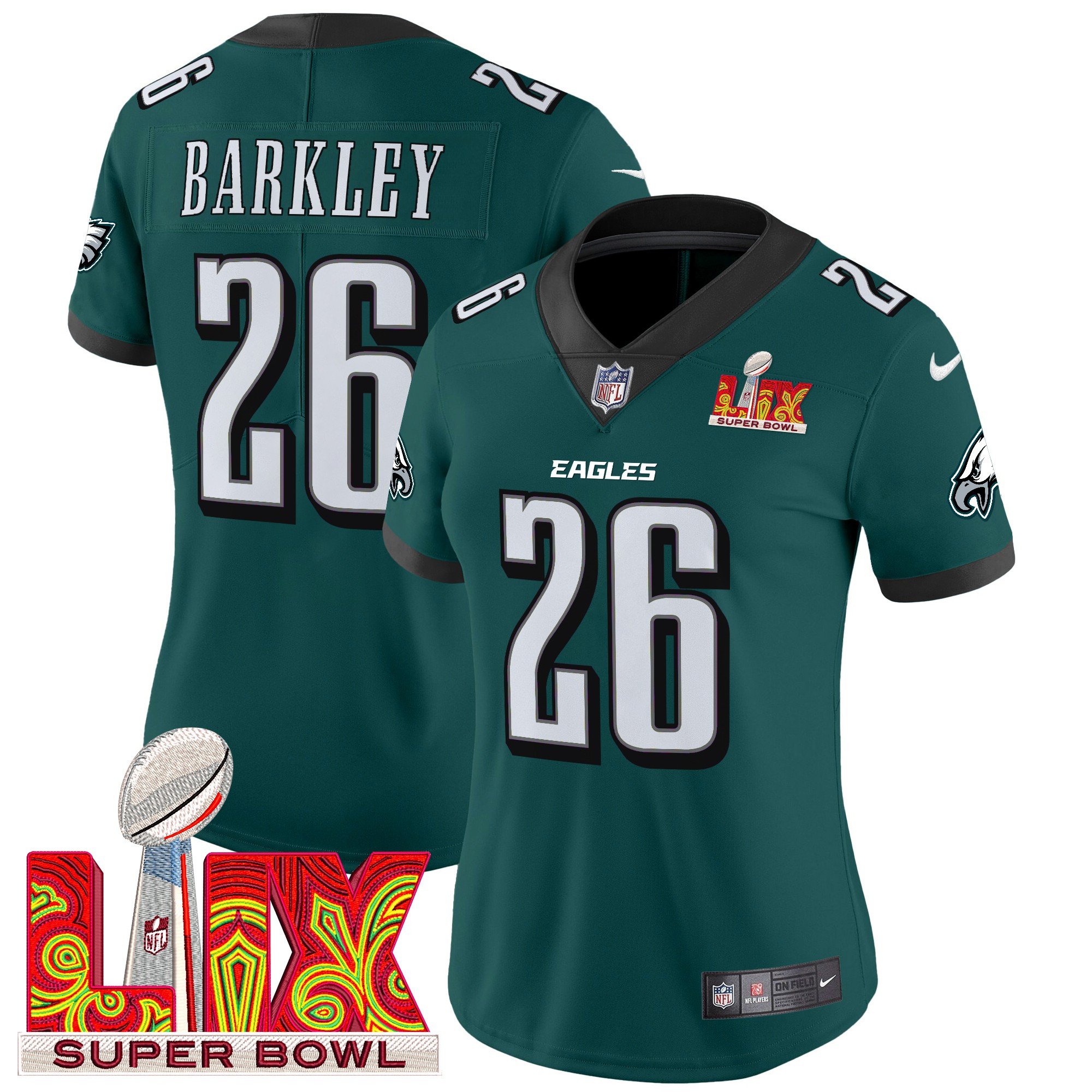 Women's Saquon Barkley Philadelphia Eagles Super Bowl LIX Patch Vapor Limited Midnight Green Jersey - All Stitched