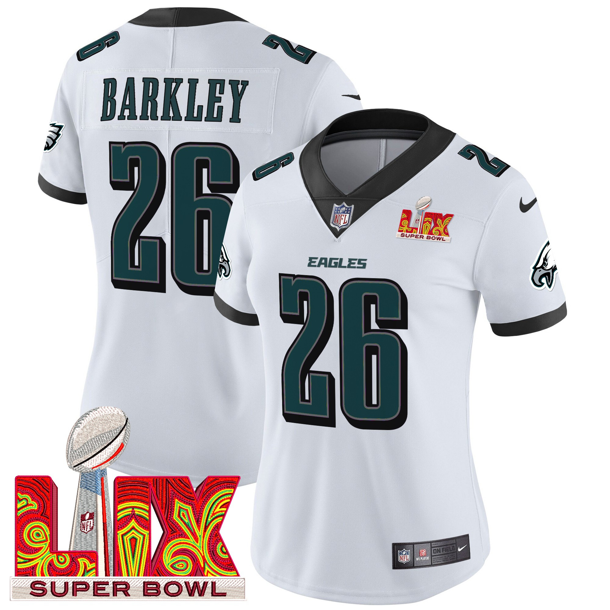 Women's Saquon Barkley Philadelphia Eagles Super Bowl LIX Patch Vapor Limited White Jersey - All Stitched