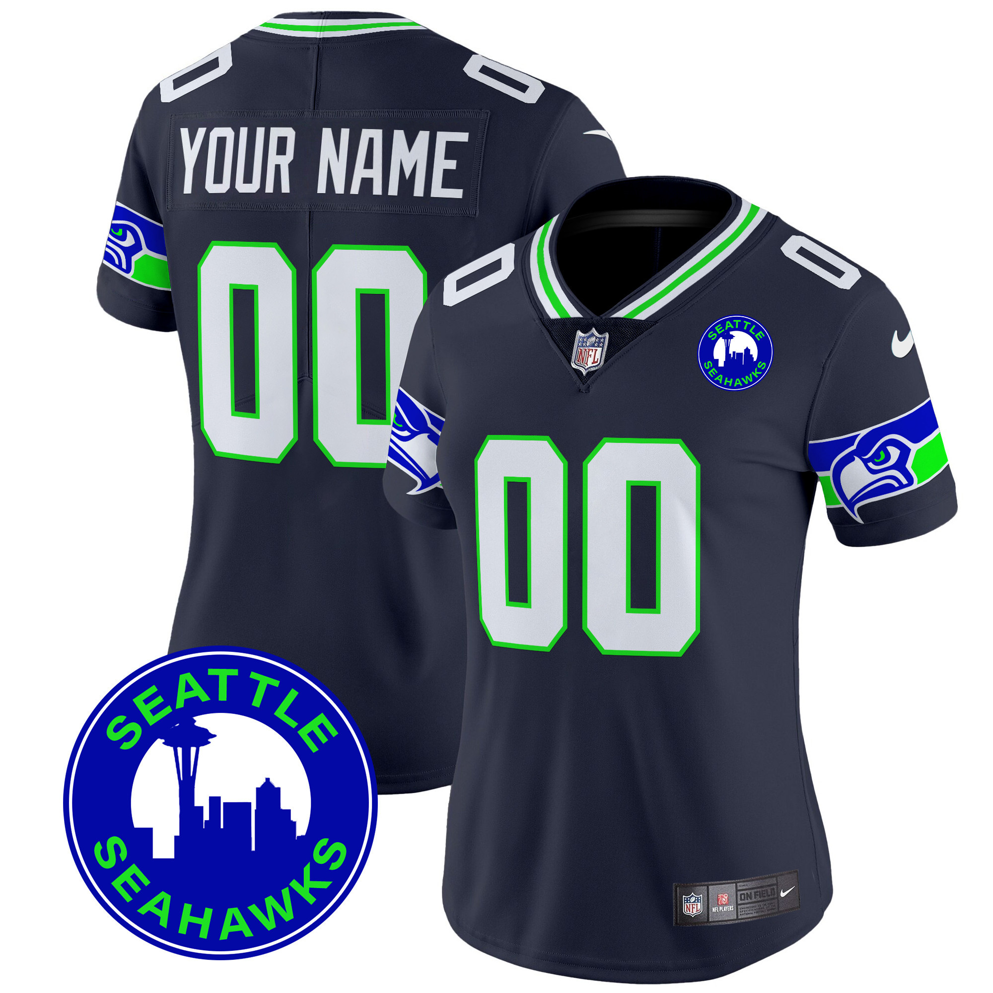 Women's Seattle Seahawks 2024 Seattle City Patch Vapor Limited Custom Navy Jersey - All Stitched