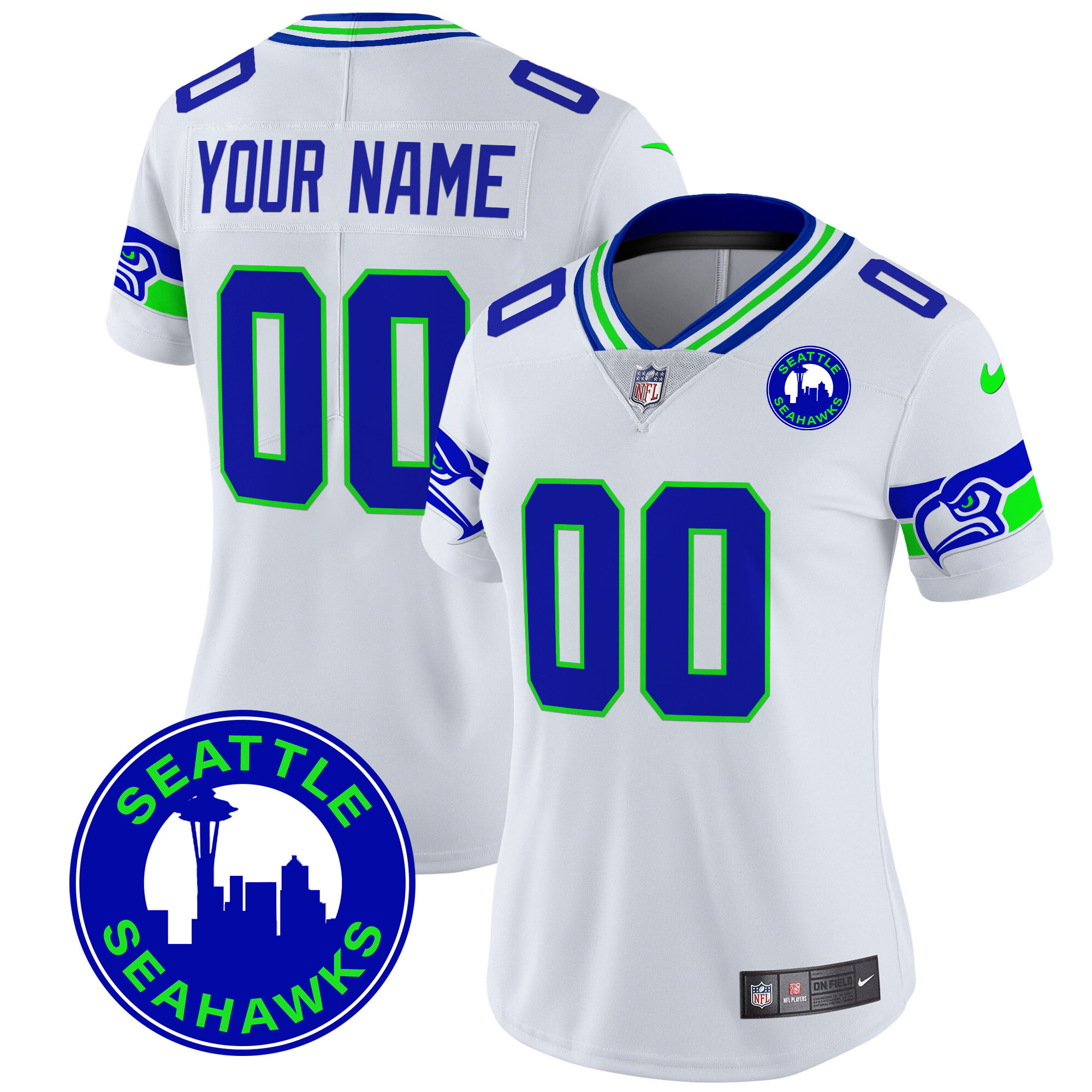 Women's Seattle Seahawks 2024 Seattle City Patch Vapor Limited Custom White Jersey - All Stitched
