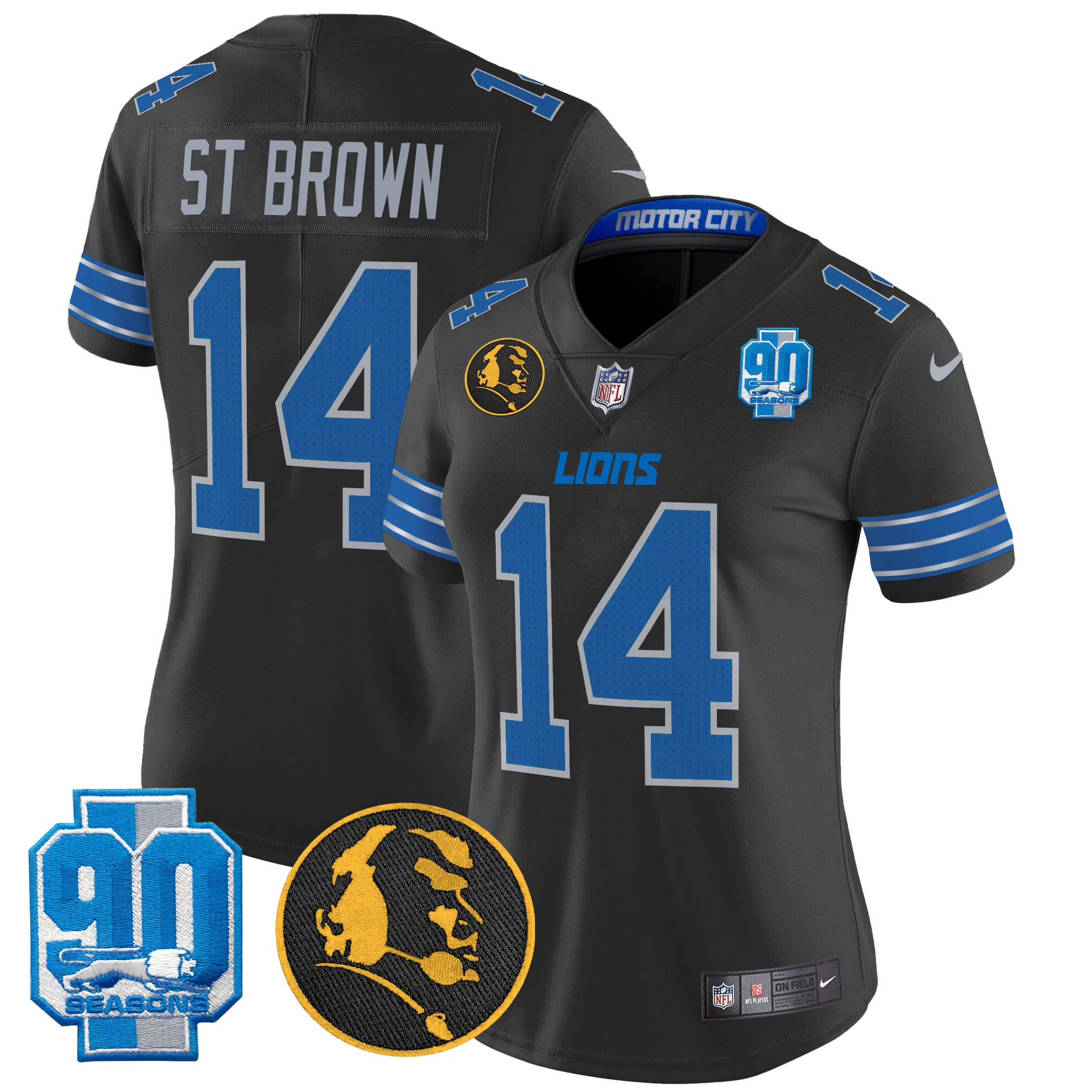 Women's St. Brown Detroit Lions 2024 90th & John Madden Patch Vapor Limited Black Jersey - All Stitched