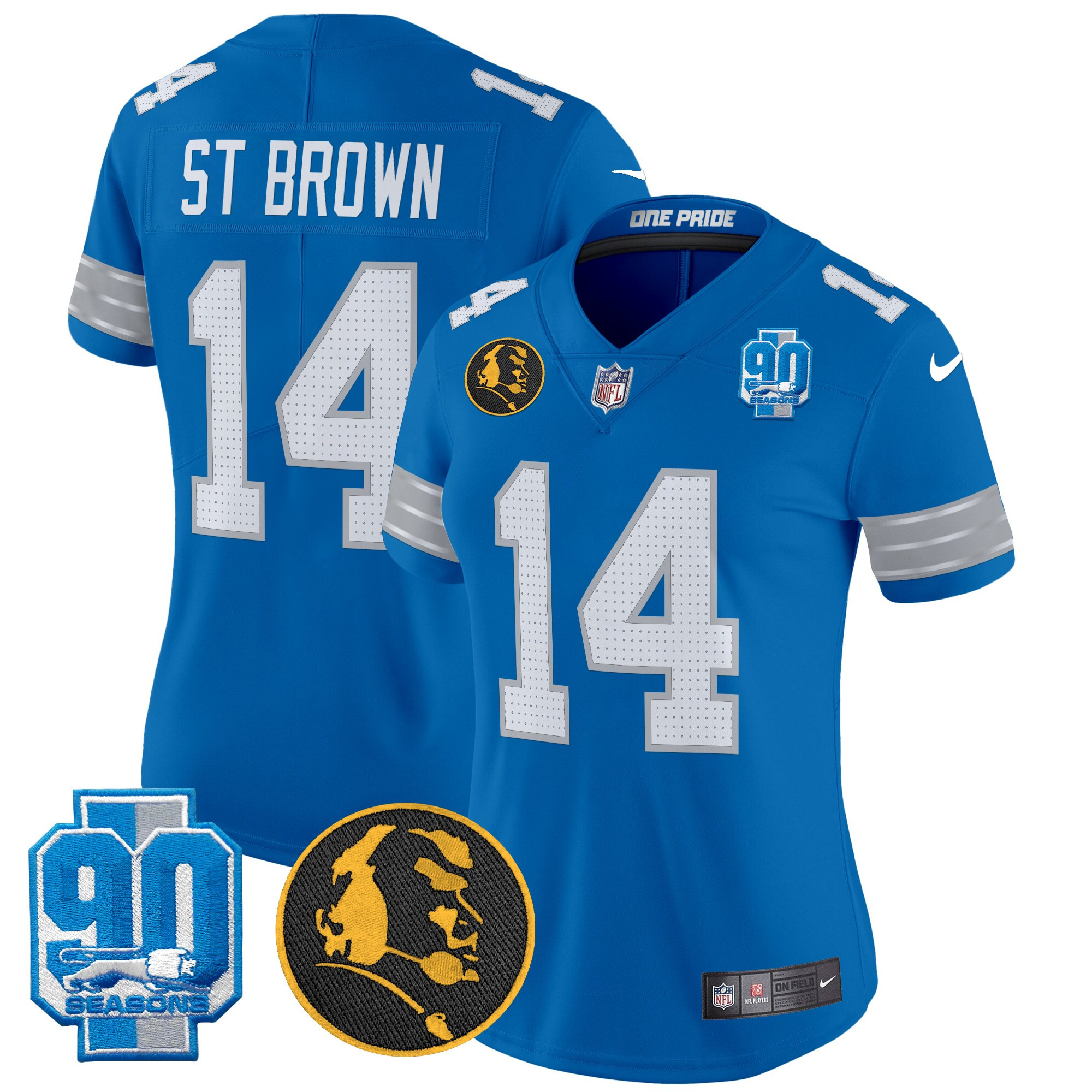 Women's St. Brown Detroit Lions 2024 90th & John Madden Patch Vapor Limited Blue Jersey - All Stitched