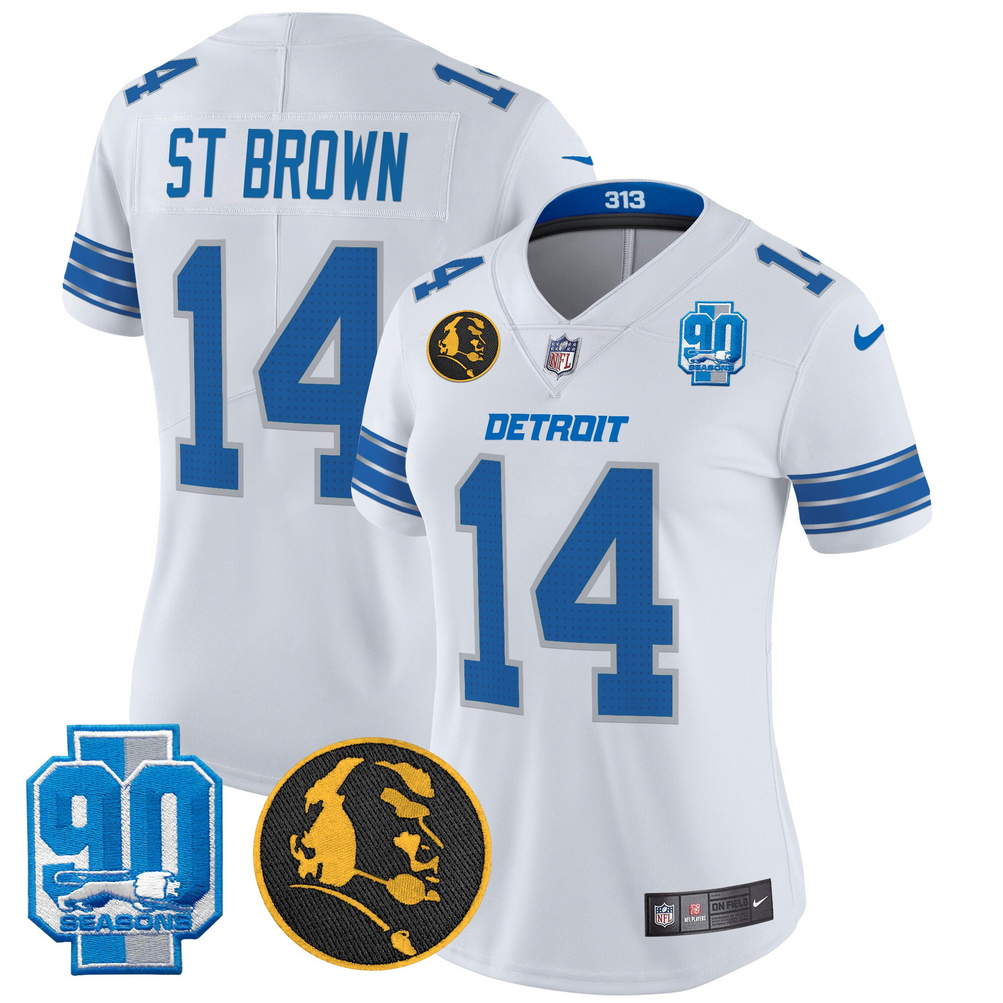 Women's St. Brown Detroit Lions 2024 90th & John Madden Patch Vapor Limited White Jersey - All Stitched
