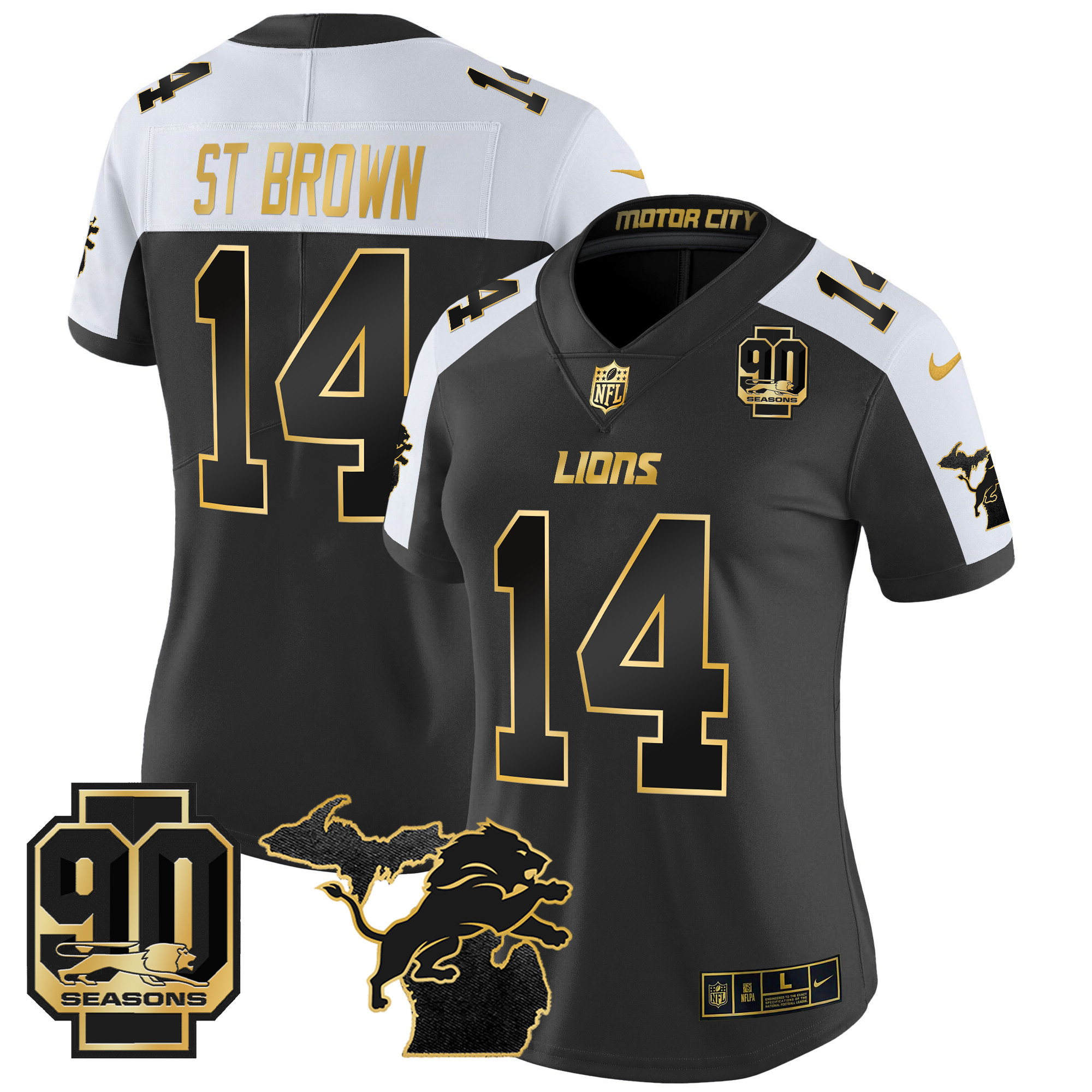 Women's St. Brown Detroit Lions 2024 Michigan & 90th Year Patch Gold Vapor Limited Alternate Jersey - All Stitched