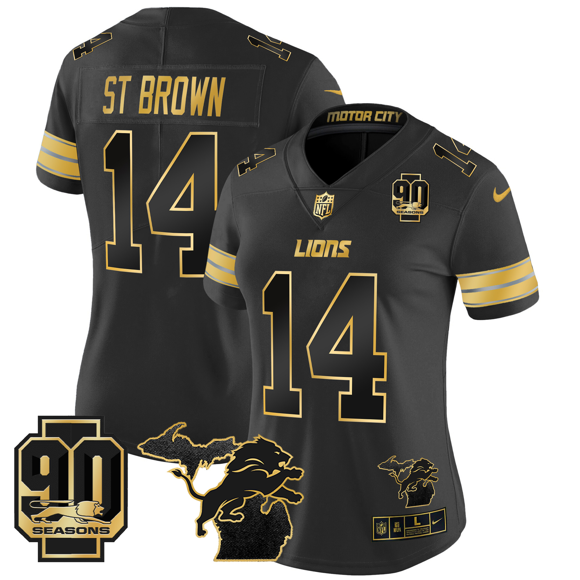 Women's St. Brown Detroit Lions 2024 Michigan & 90th Year Patch Gold Vapor Limited Black Gold Jersey - All Stitched