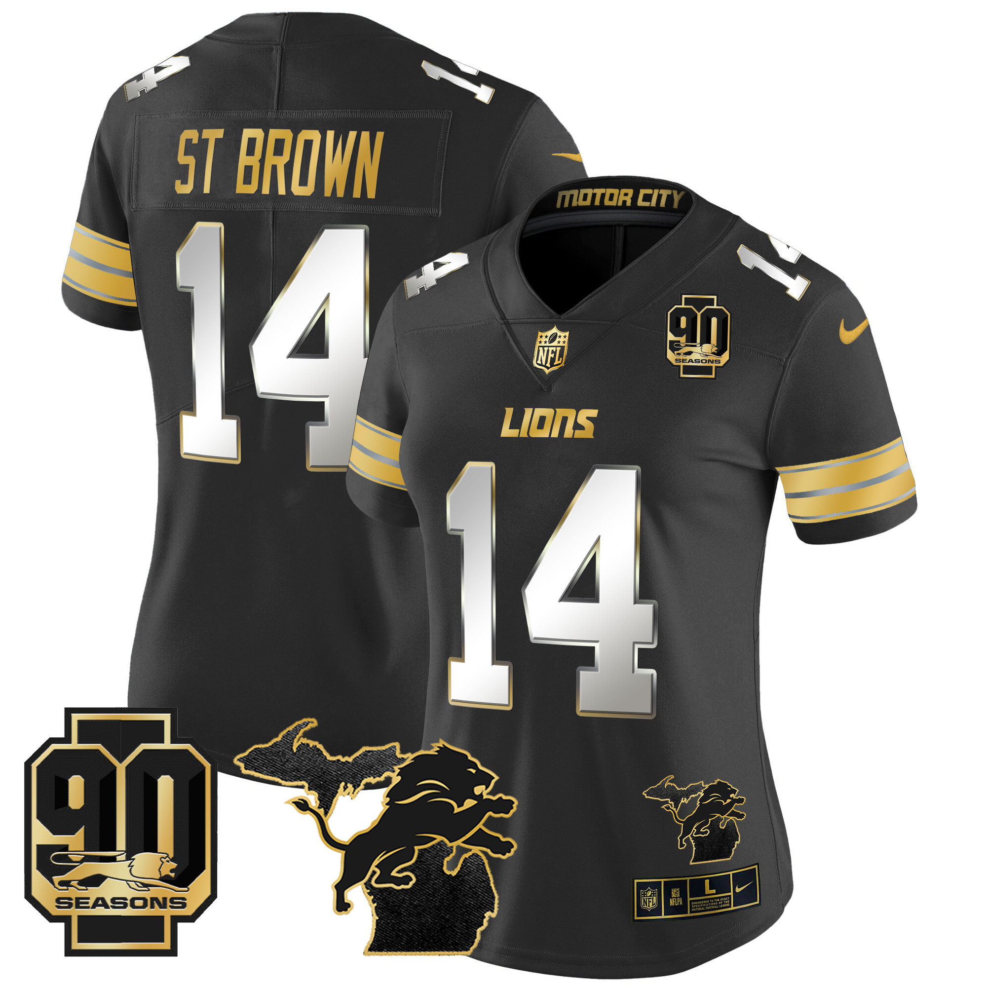 Women's St. Brown Detroit Lions 2024 Michigan & 90th Year Patch Gold Vapor Limited Black Limited Jersey - All Stitched