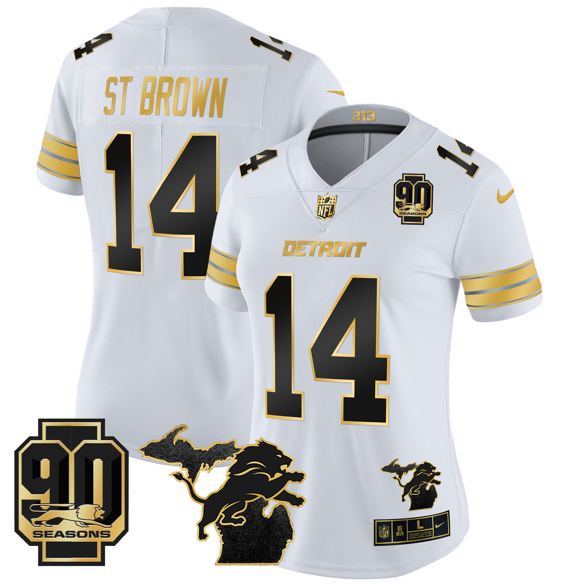 Women's St. Brown Detroit Lions 2024 Michigan & 90th Year Patch Gold Vapor Limited White Gold Jersey - All Stitched