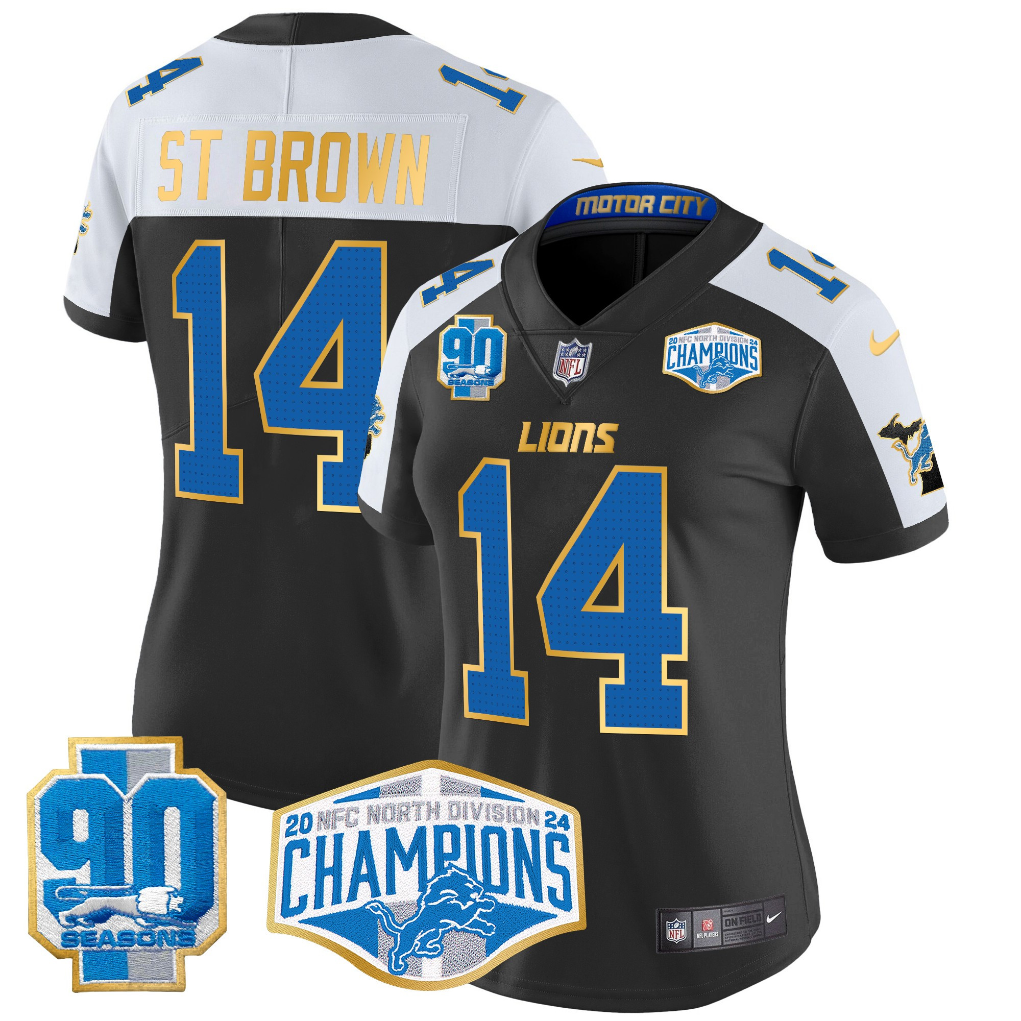 Women's St. Brown Detroit Lions 2024 NFC North Division Champions Patch Gold Trim Vapor Limited Black Alternate Jersey - All Stitched