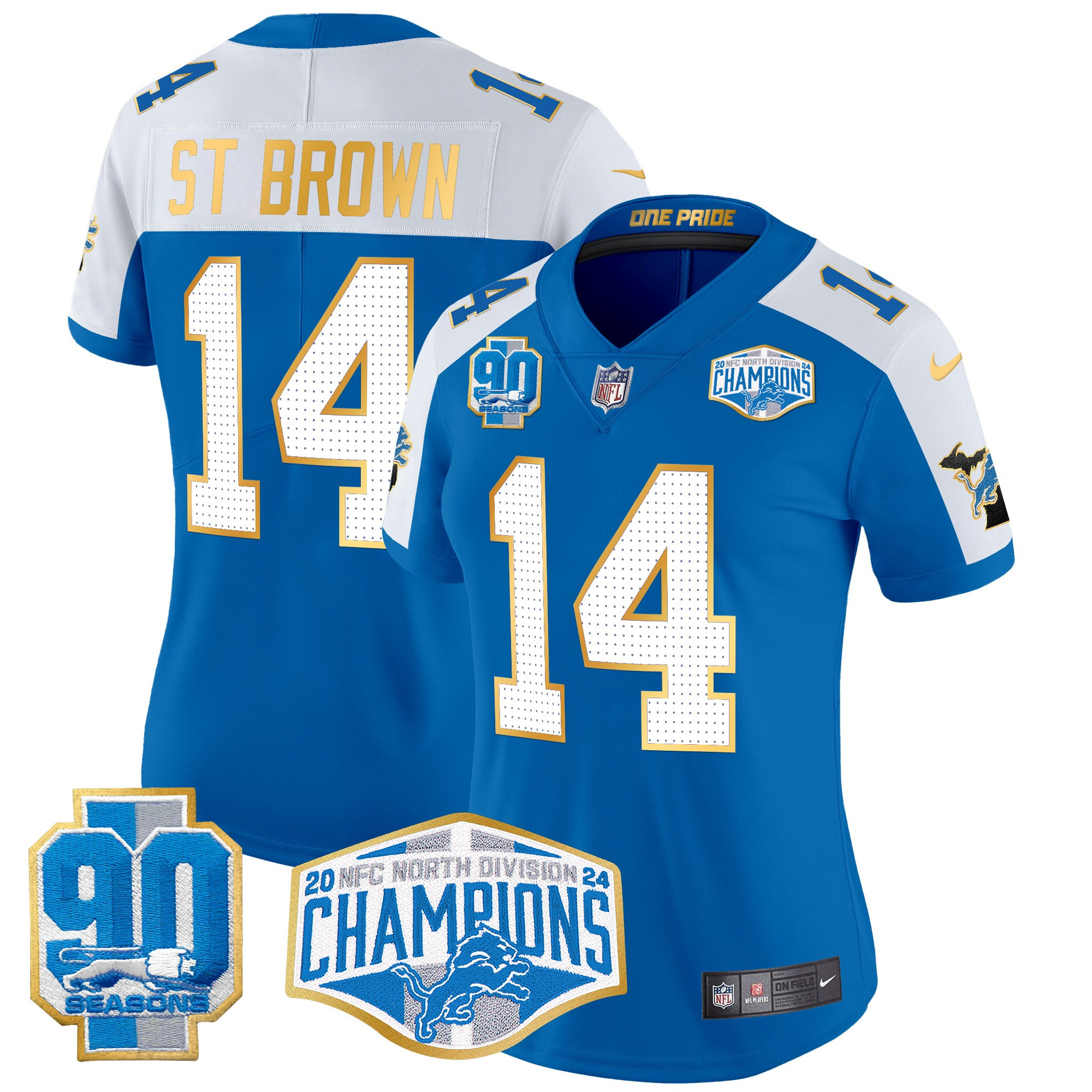 Women's St. Brown Detroit Lions 2024 NFC North Division Champions Patch Gold Trim Vapor Limited Blue Alternate Jersey - All Stitched