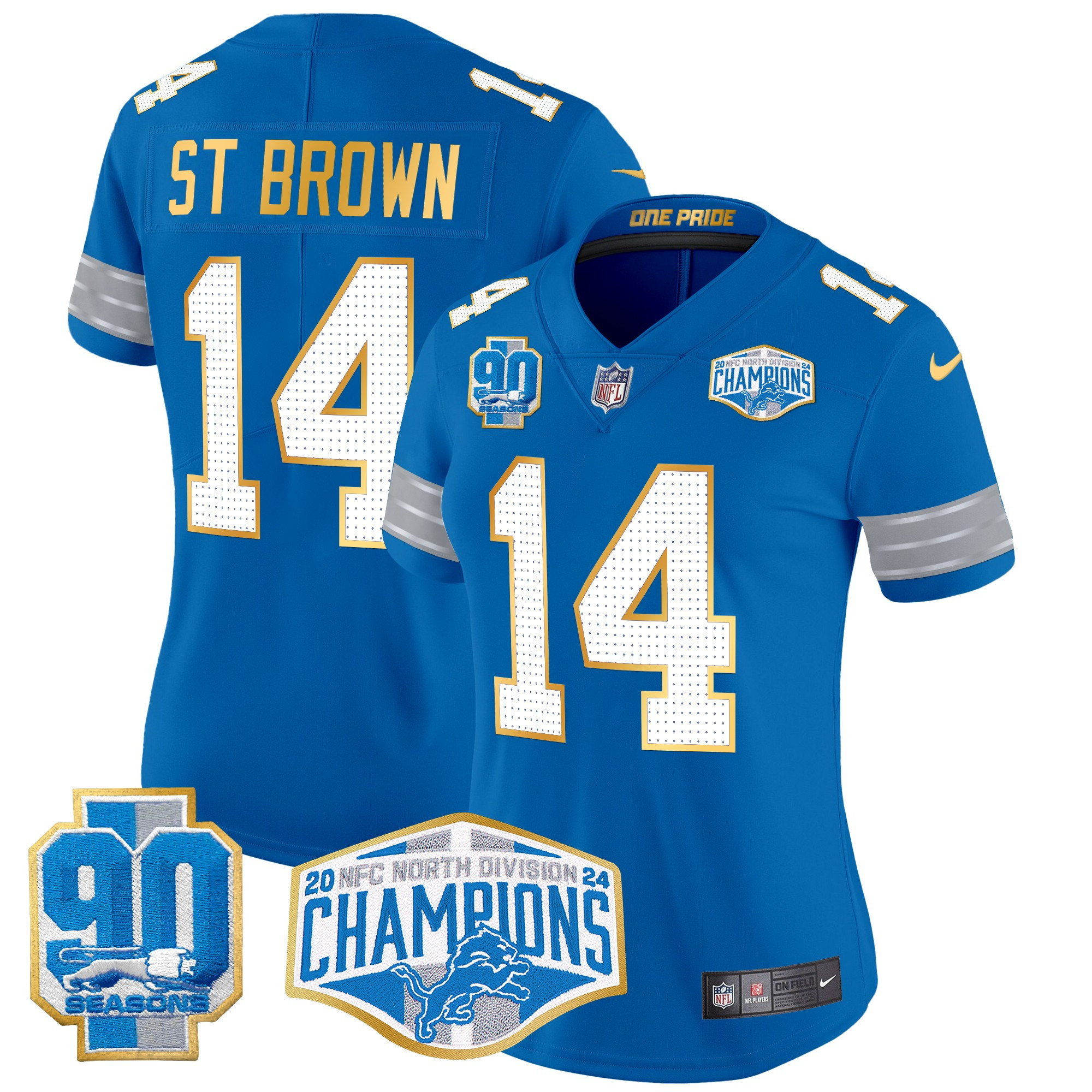 Women's St. Brown Detroit Lions 2024 NFC North Division Champions Patch Gold Trim Vapor Limited Blue Jersey - All Stitched