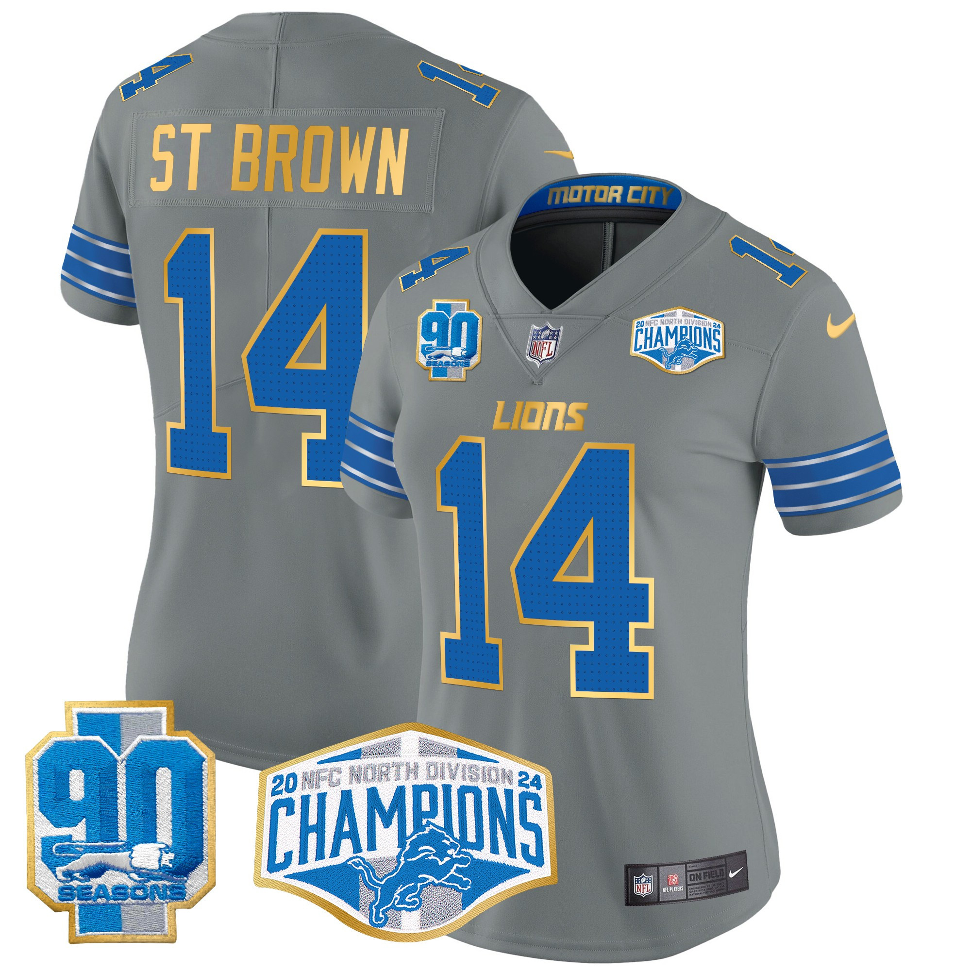 Women's St. Brown Detroit Lions 2024 NFC North Division Champions Patch Gold Trim Vapor Limited Gray Jersey - All Stitched