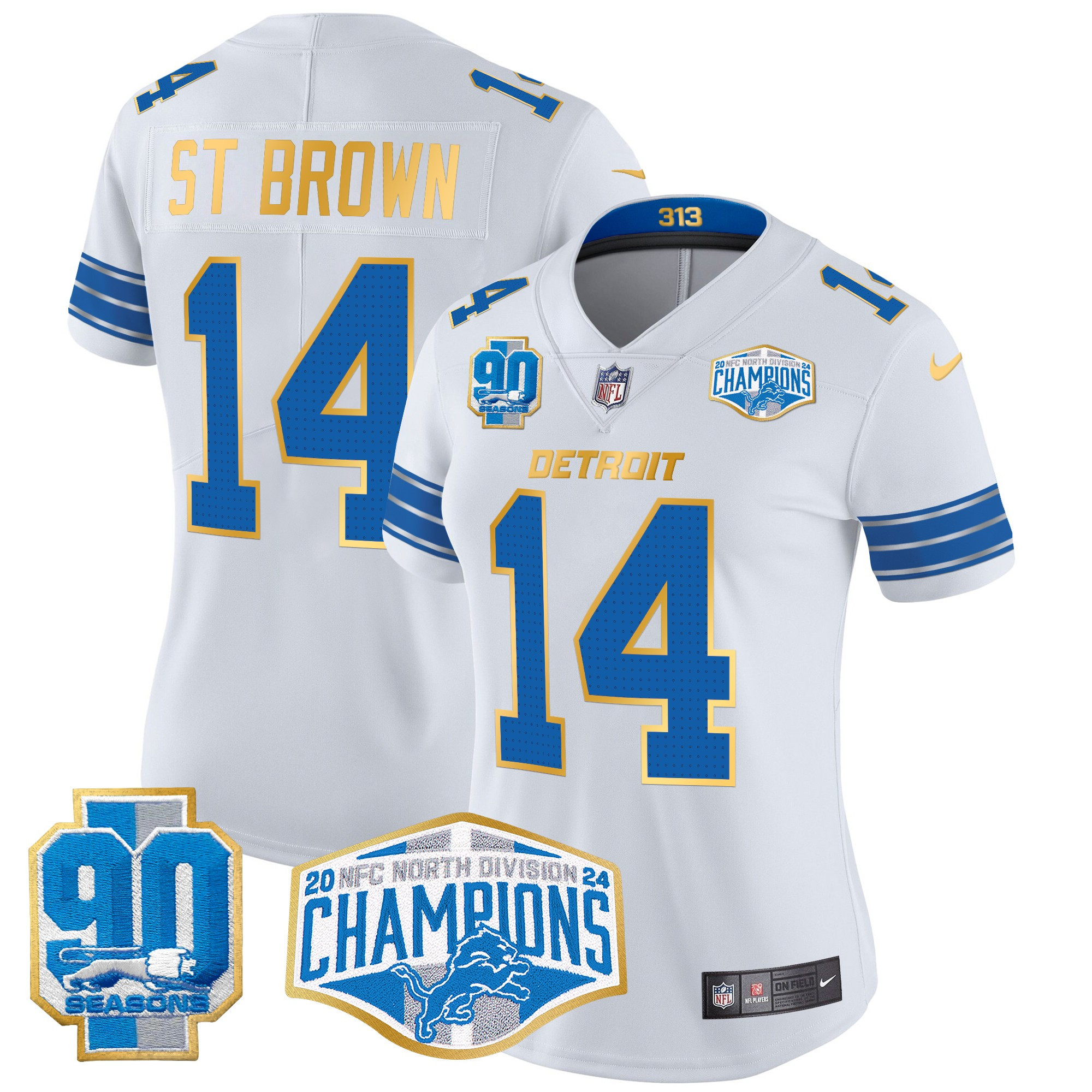 Women's St. Brown Detroit Lions 2024 NFC North Division Champions Patch Gold Trim Vapor Limited White Jersey - All Stitched