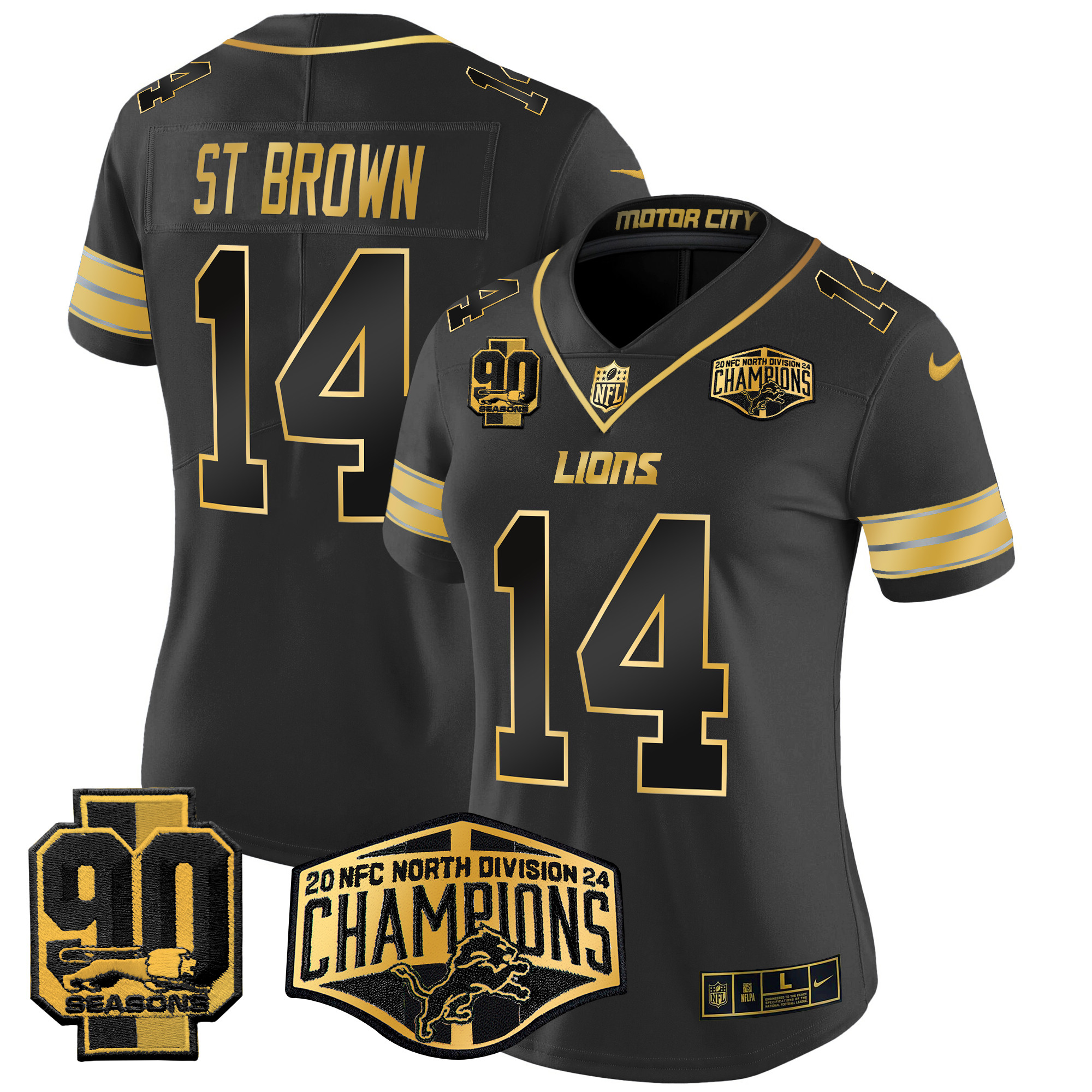 Women's St. Brown Detroit Lions 2024 NFC North Division Champions Patch Gold Vapor Limited Black Gold Jersey - All Stitched