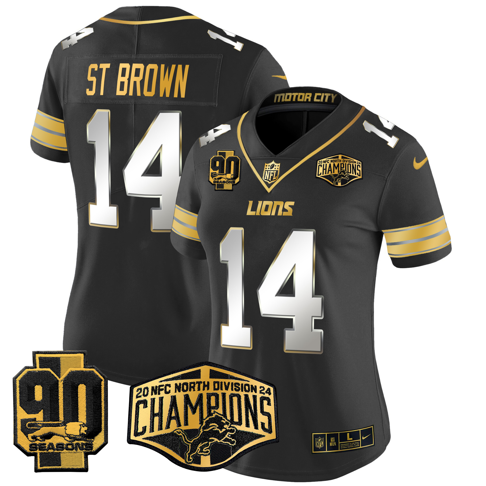 Women's St. Brown Detroit Lions 2024 NFC North Division Champions Patch Gold Vapor Limited Black Limited Jersey - All Stitched