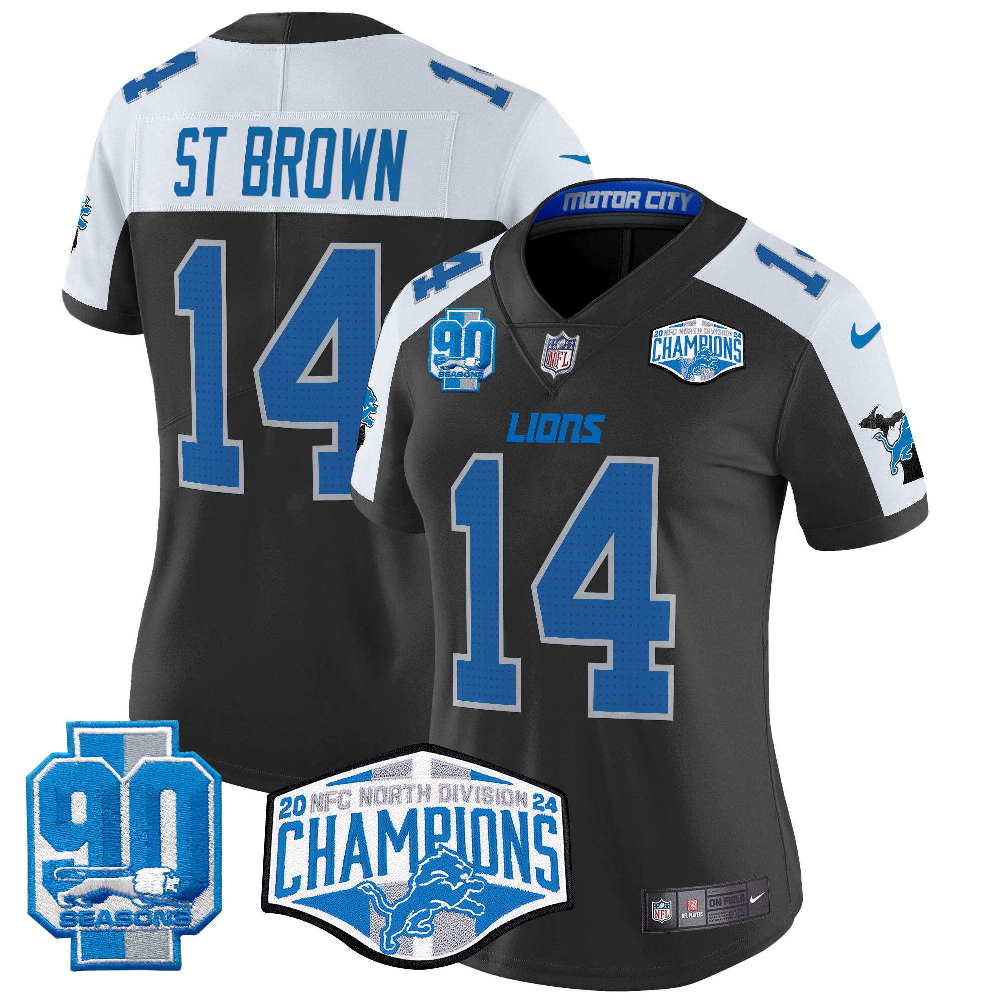Women's St. Brown Detroit Lions 2024 NFC North Division Champions Patch Vapor Limited Black Alternate Jersey - All Stitched