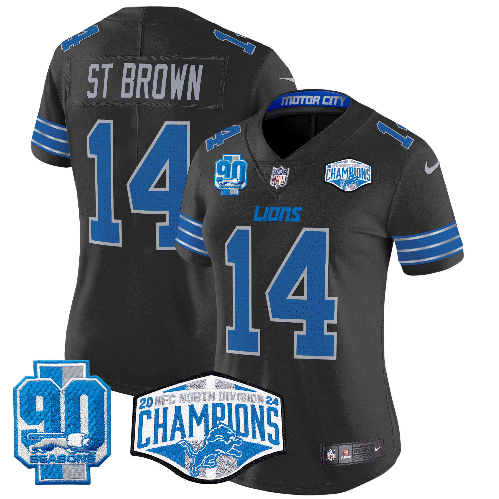 Women's St. Brown Detroit Lions 2024 NFC North Division Champions Patch Vapor Limited Black Jersey - All Stitched