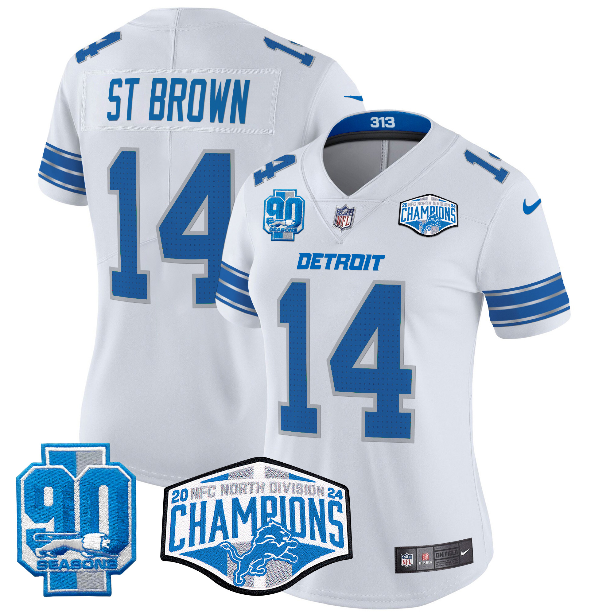 Women's St. Brown Detroit Lions 2024 NFC North Division Champions Patch Vapor Limited White Jersey - All Stitched
