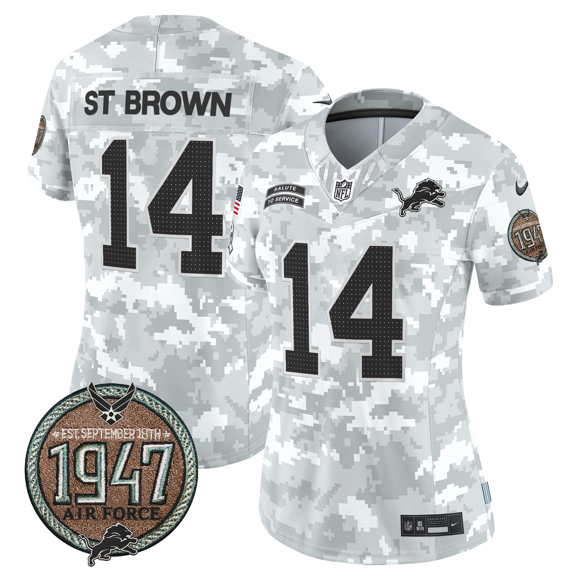 Women's St. Brown Detroit Lions 2024 Salute to Service Establishment Year Patch Vapor Limited Air Force Jersey - All Stitched