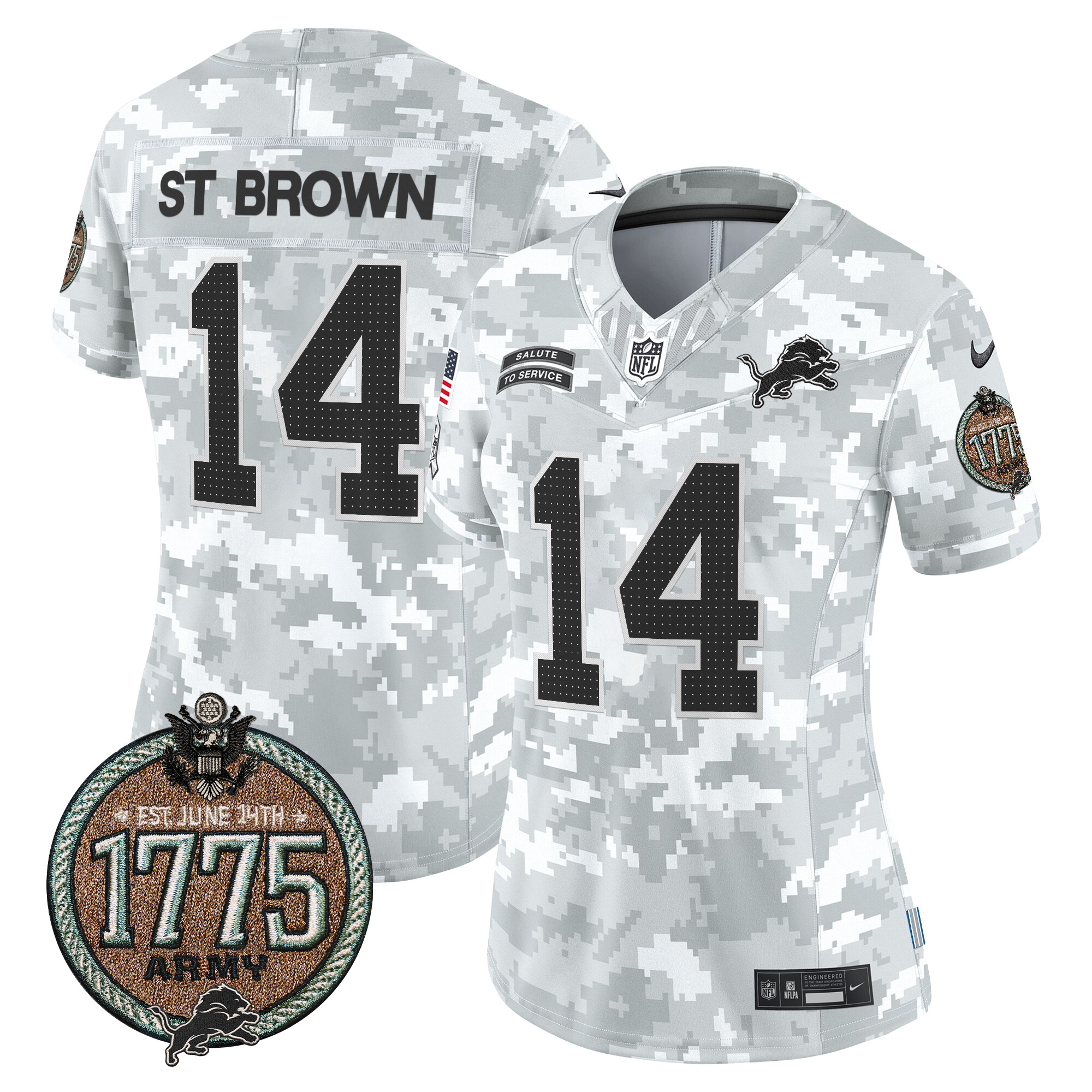 Women's St. Brown Detroit Lions 2024 Salute to Service Establishment Year Patch Vapor Limited Army Jersey - All Stitched